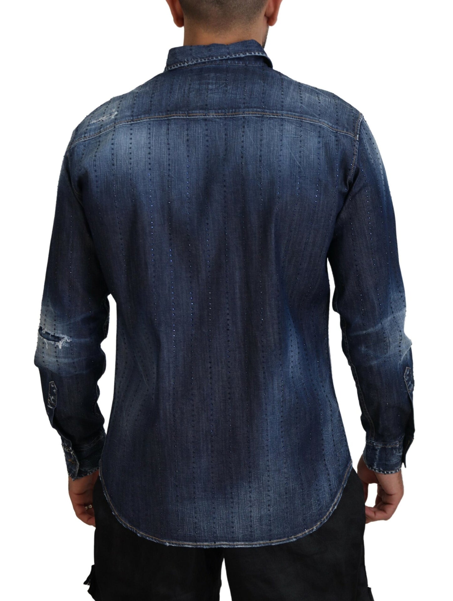 Dsquared² Blue Tattered Crystal Embellished Denim Shirt IT48 | M