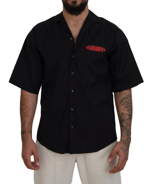 Dsquared² Black Cotton Collared Logo Print Short Sleeve Shirt IT48 | M