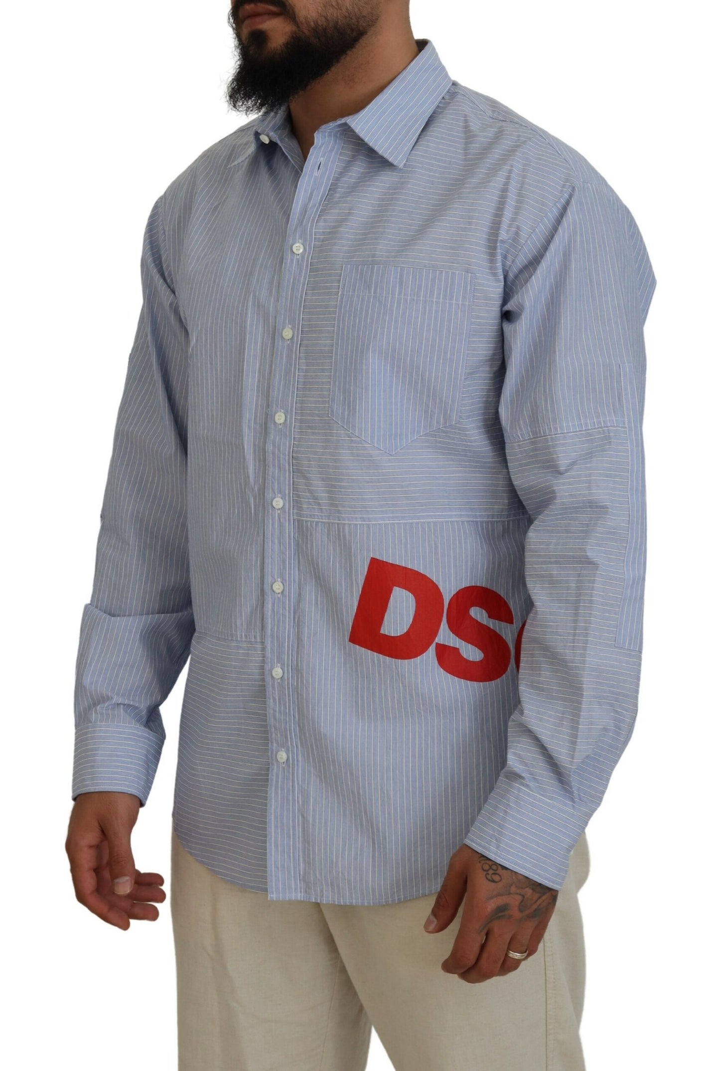 Dsquared² Blue Stripes Logo Print Long Sleeves Formal Shirt IT48 | M