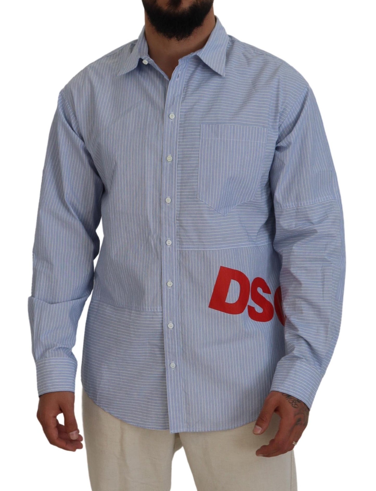 Dsquared² Blue Stripes Logo Print Long Sleeves Formal Shirt IT48 | M