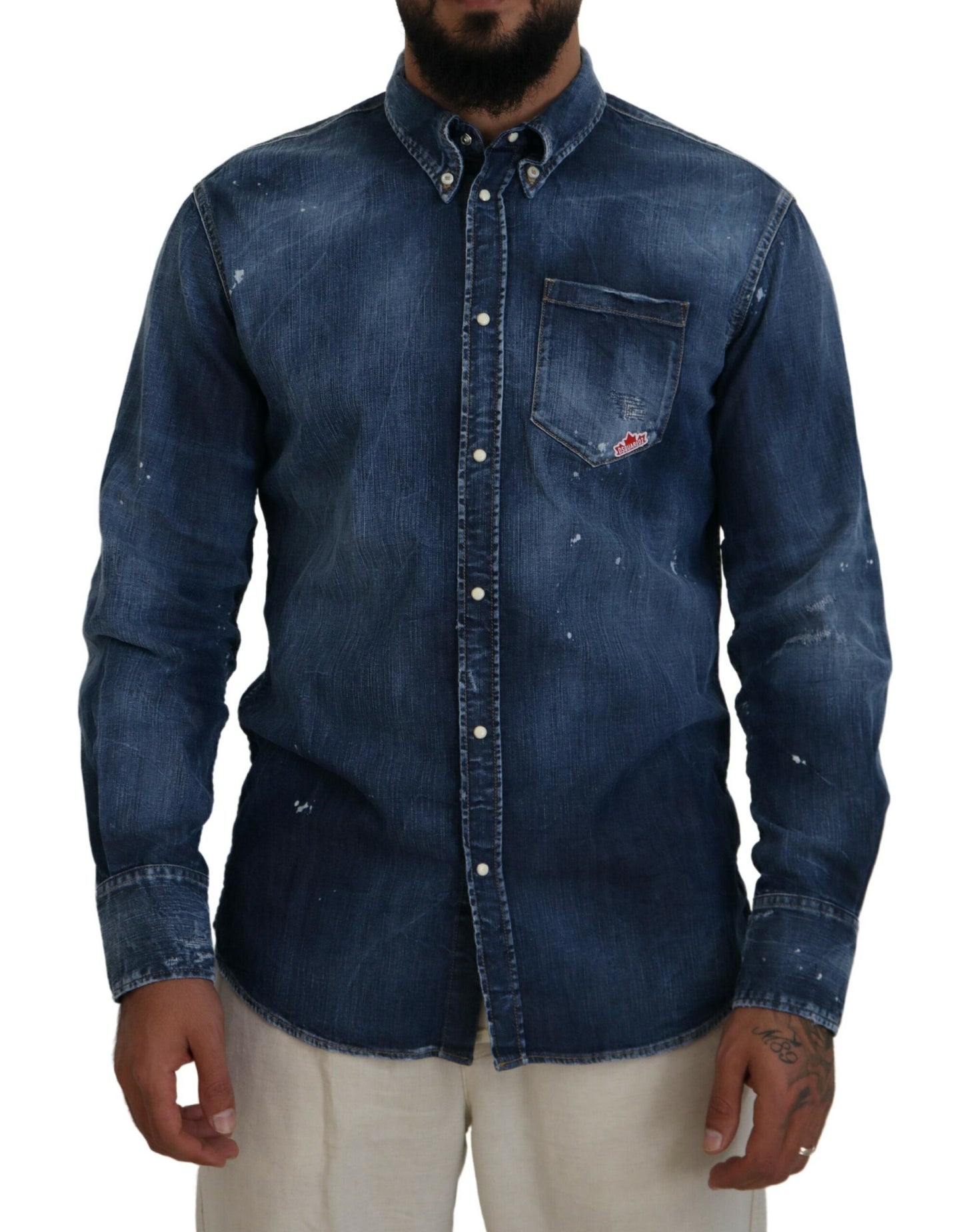 Dsquared² Blue Washed Collared Men Casual Long Sleeves Shirt IT48 | M