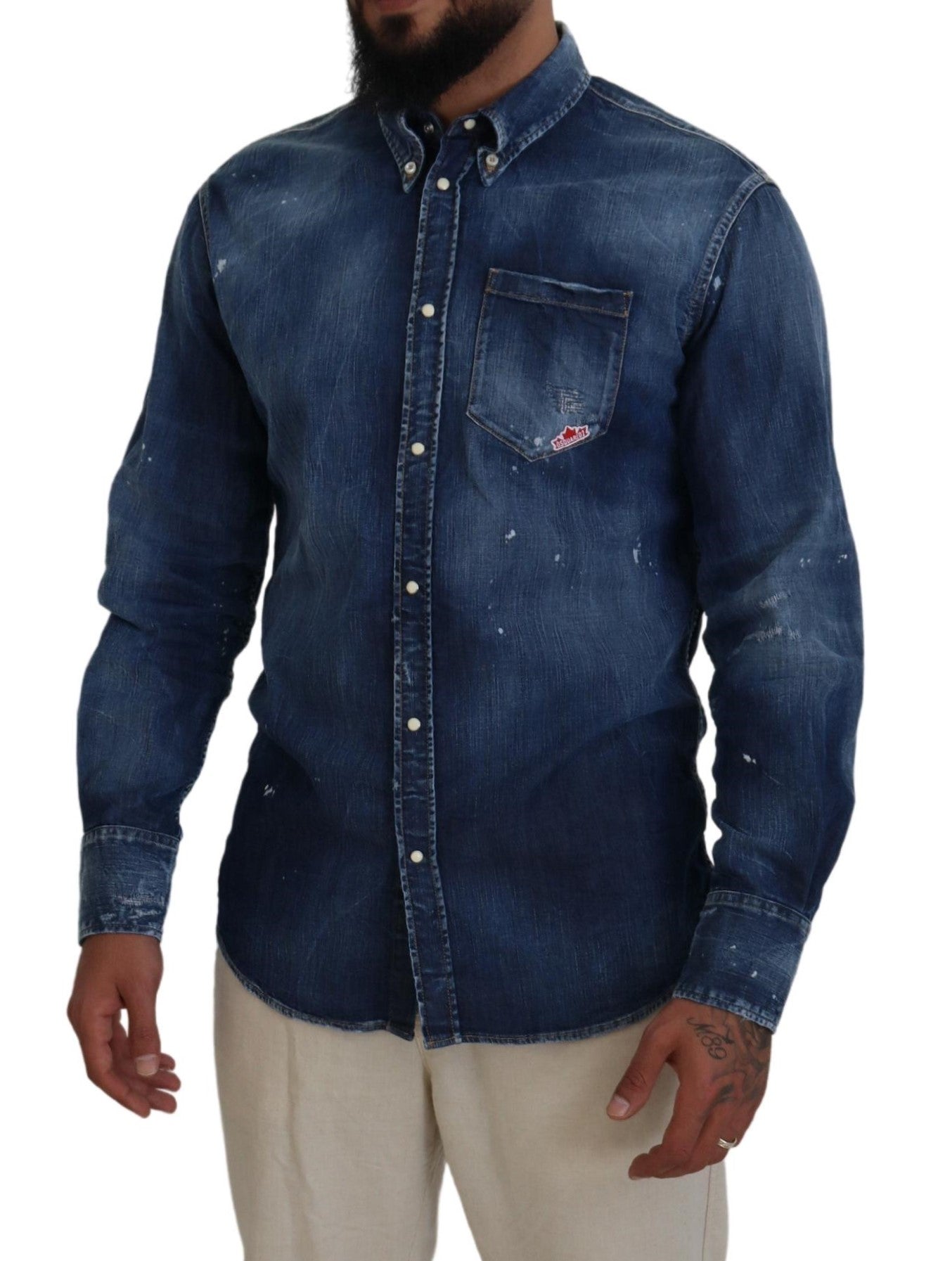 Dsquared² Blue Washed Collared Men Casual Long Sleeves Shirt IT48 | M