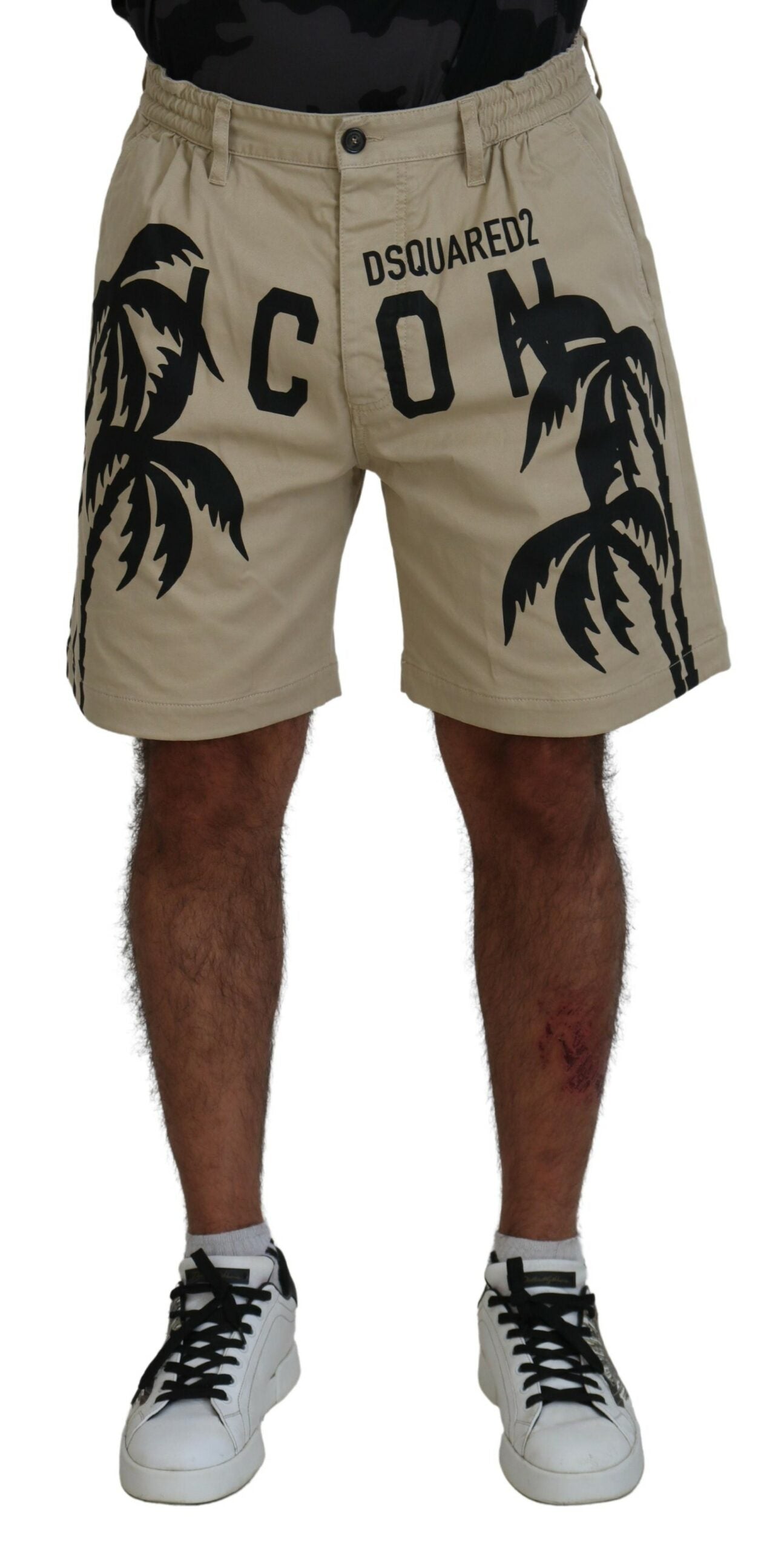 Dsquared² Beige Cotton Logo Printed Above Knee Shorts IT48 | M