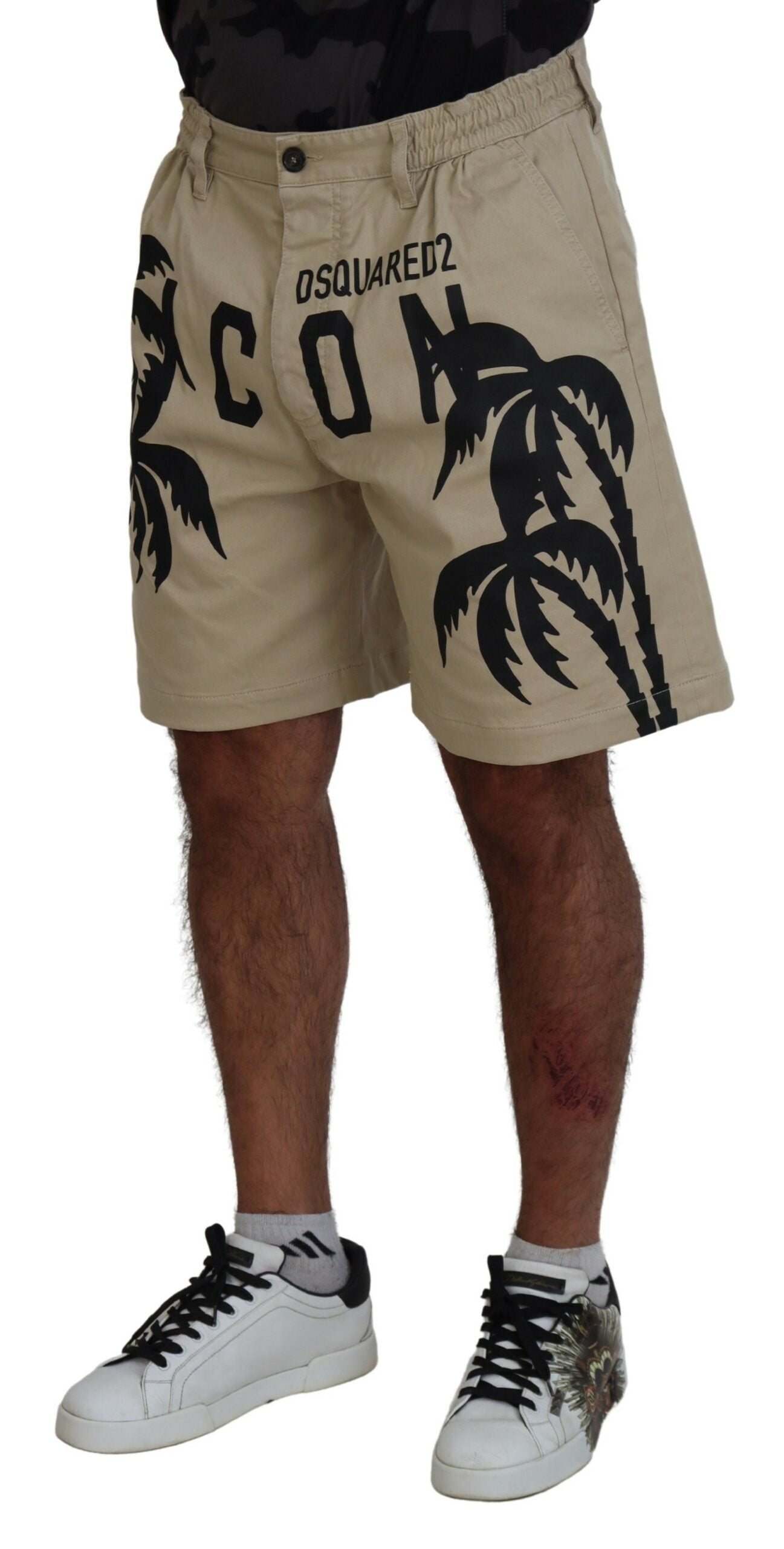 Dsquared² Beige Cotton Logo Printed Above Knee Shorts IT48 | M