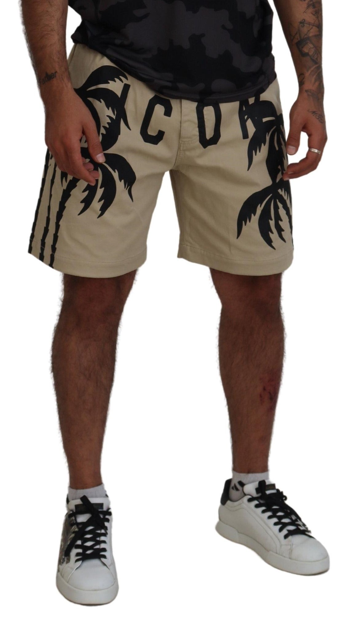 Dsquared² Beige Cotton Logo Printed Above Knee Shorts IT48 | M