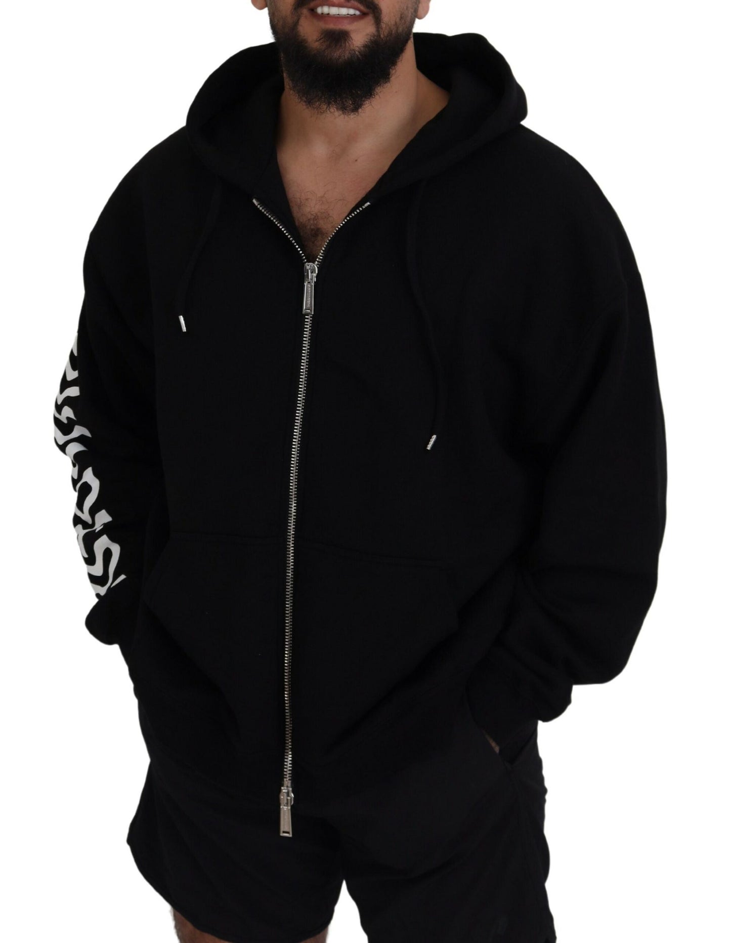 Dsquared² Black Hooded Full Zip Printed Sleeves Sweater IT48 | M