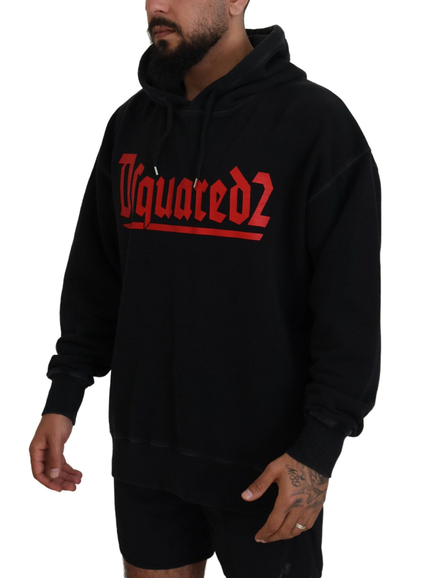 Dsquared² Black Cotton Hooded Printed Men Pullover Sweater IT48 | M