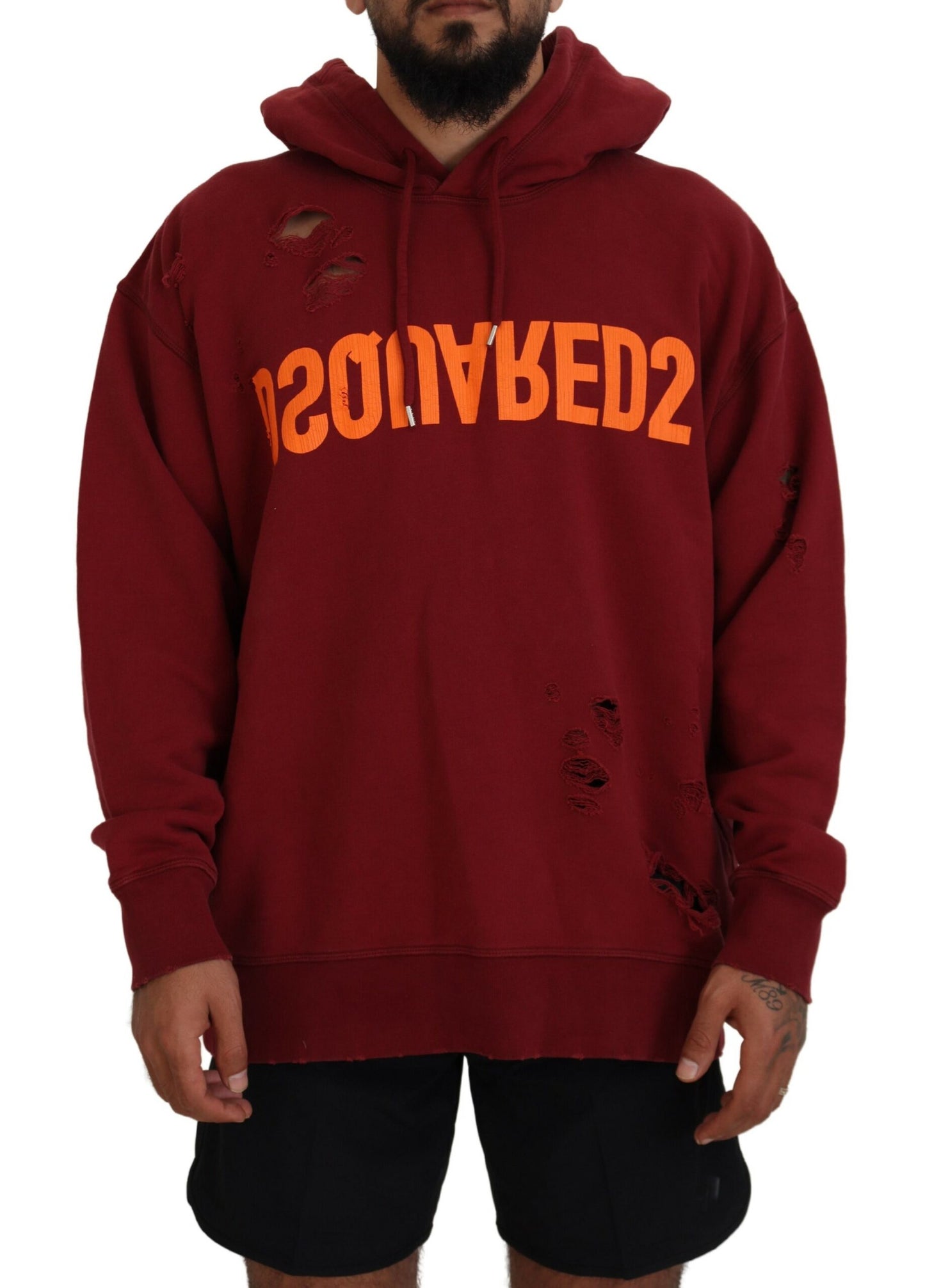 Dsquared² Maroon Cotton Tattered Hooded Printed Pullover Sweater IT48 | M