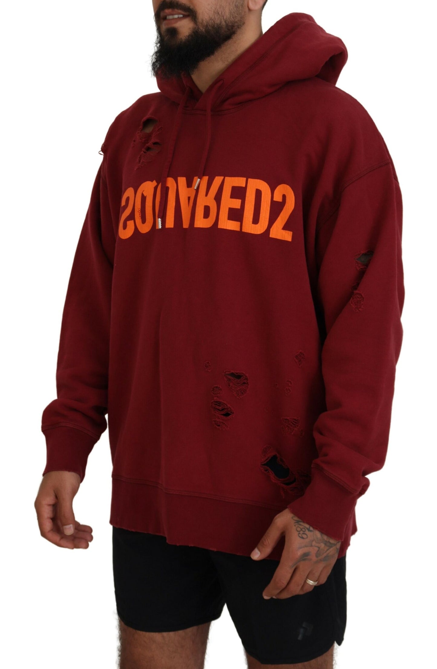 Dsquared² Maroon Cotton Tattered Hooded Printed Pullover Sweater IT48 | M