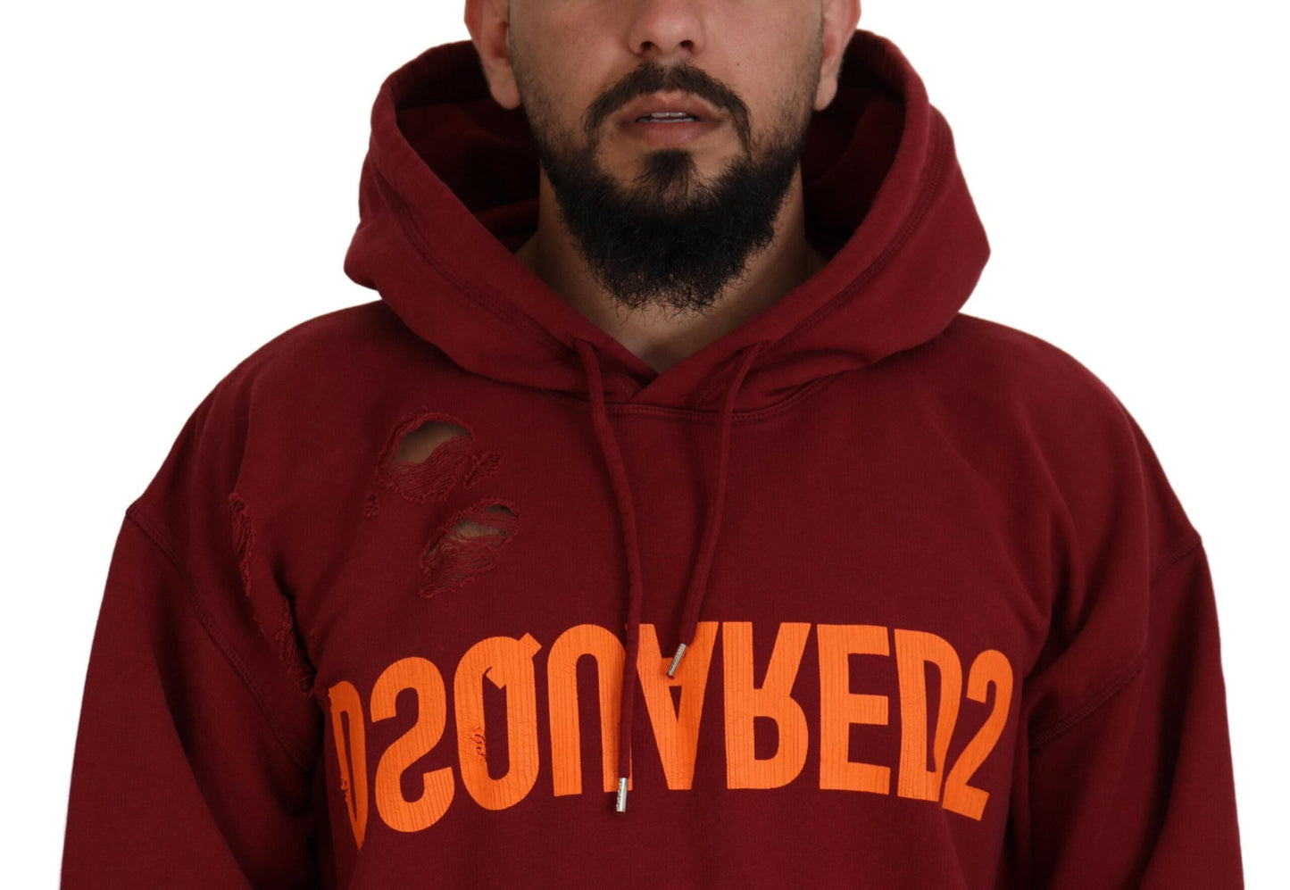 Dsquared² Maroon Cotton Tattered Hooded Printed Pullover Sweater IT48 | M