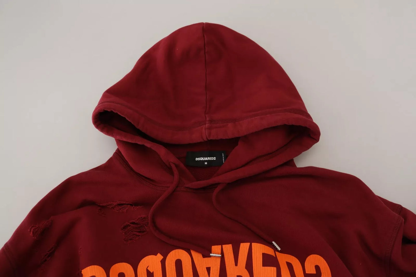 Dsquared² Maroon Cotton Tattered Hooded Printed Pullover Sweater IT48 | M