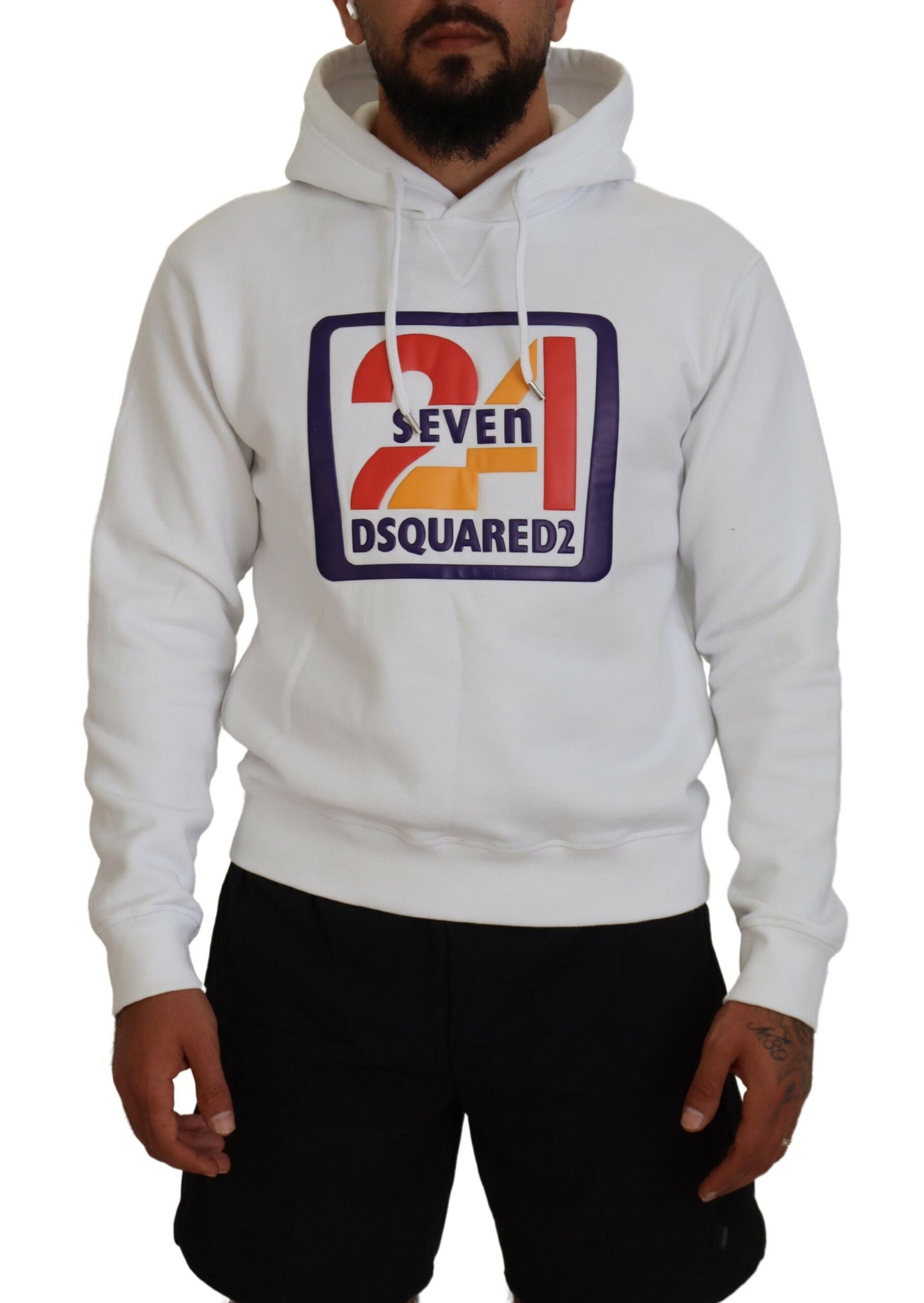 Dsquared² White Cotton Hooded Printed Men Pullover Sweater IT48 | M