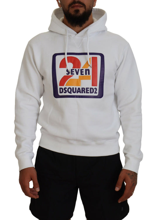 Dsquared² White Cotton Hooded Printed Men Pullover Sweater IT48 | M