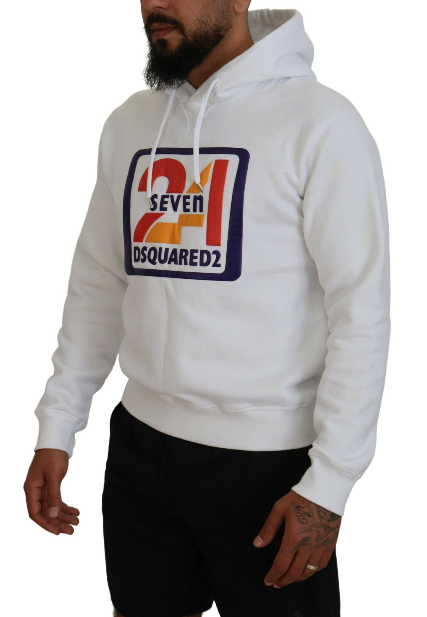 Dsquared² White Cotton Hooded Printed Men Pullover Sweater IT48 | M