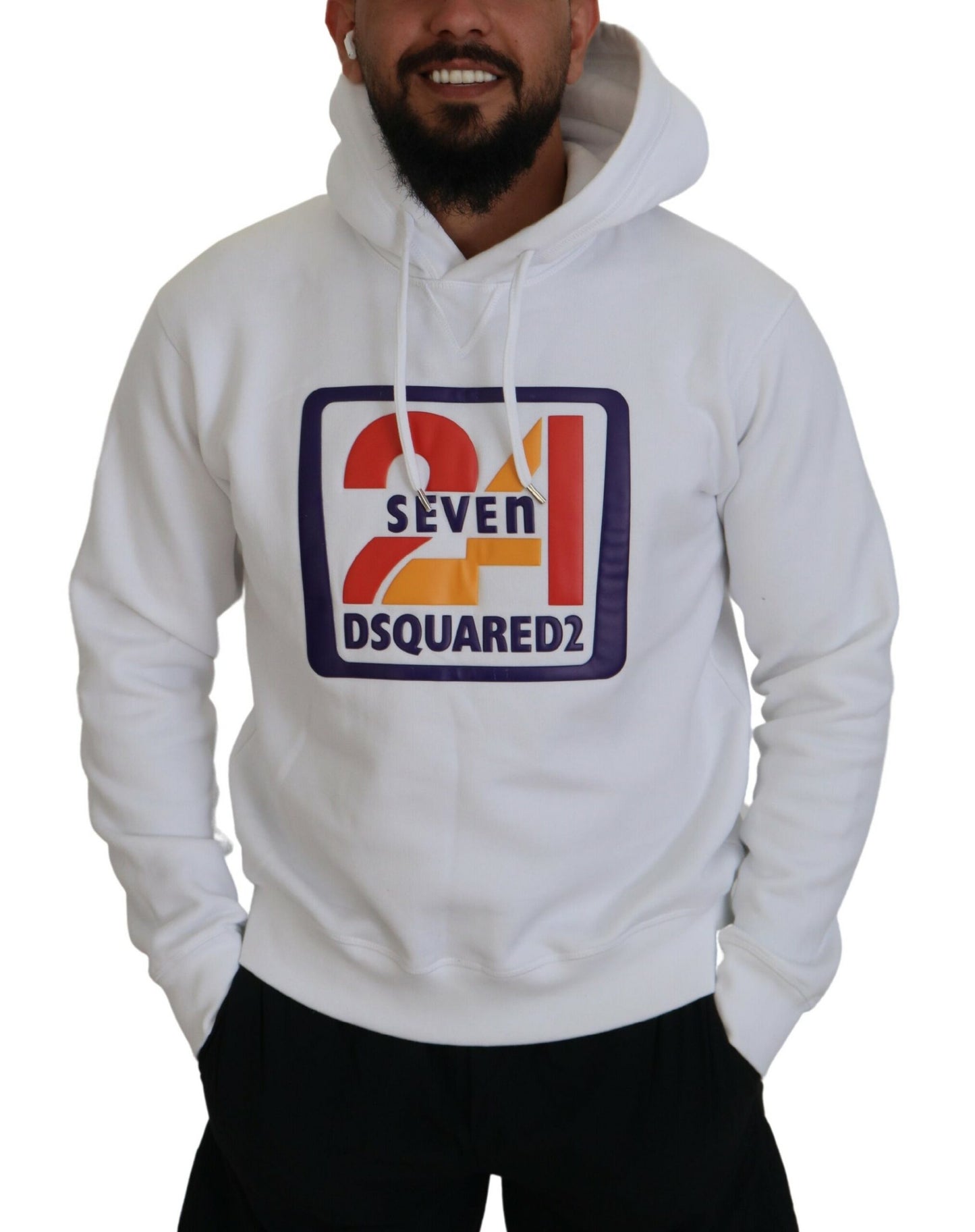 Dsquared² White Cotton Hooded Printed Men Pullover Sweater IT48 | M