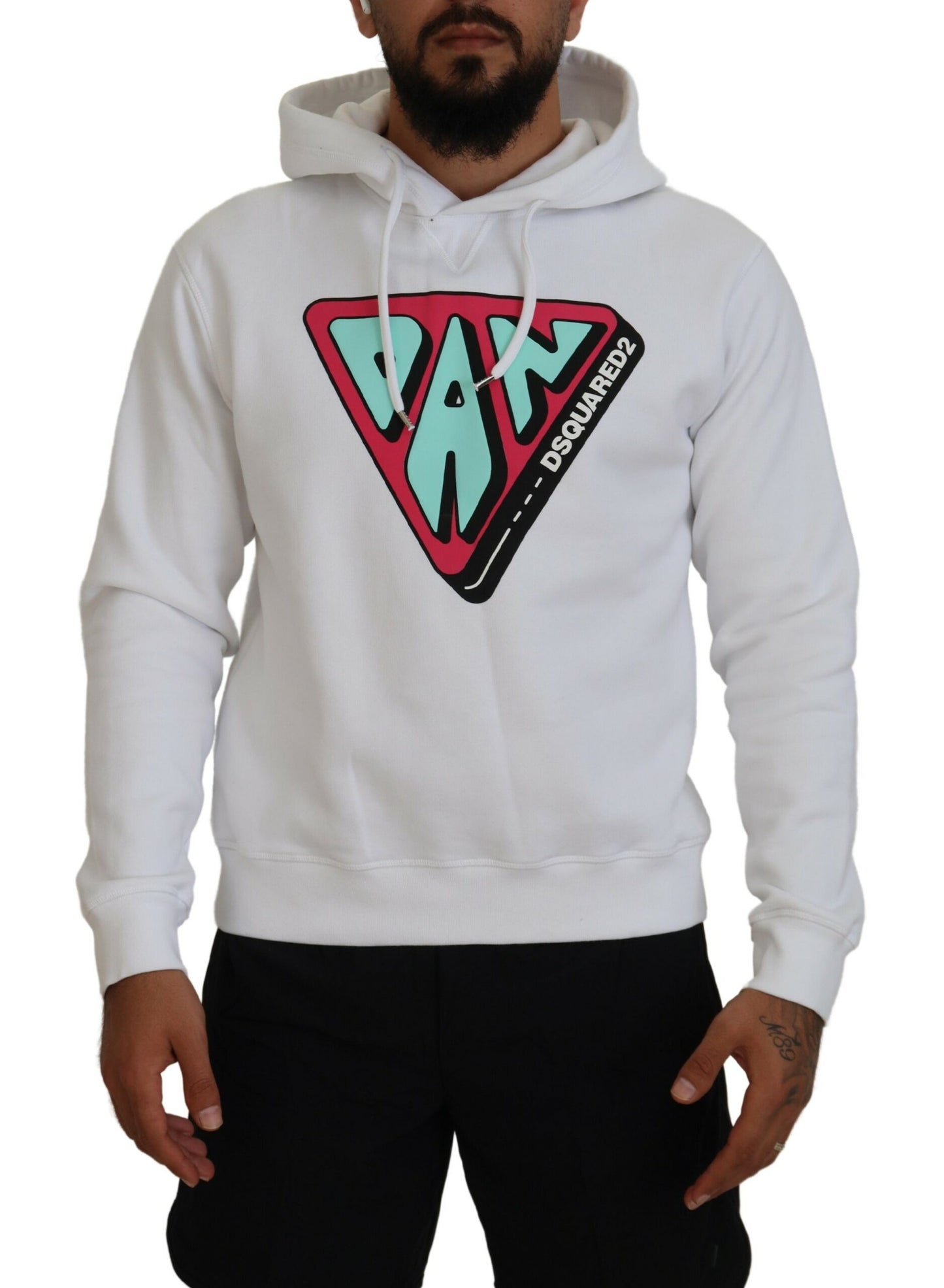 Dsquared² White Cotton Hooded Printed Pullover Sweater IT48 | M