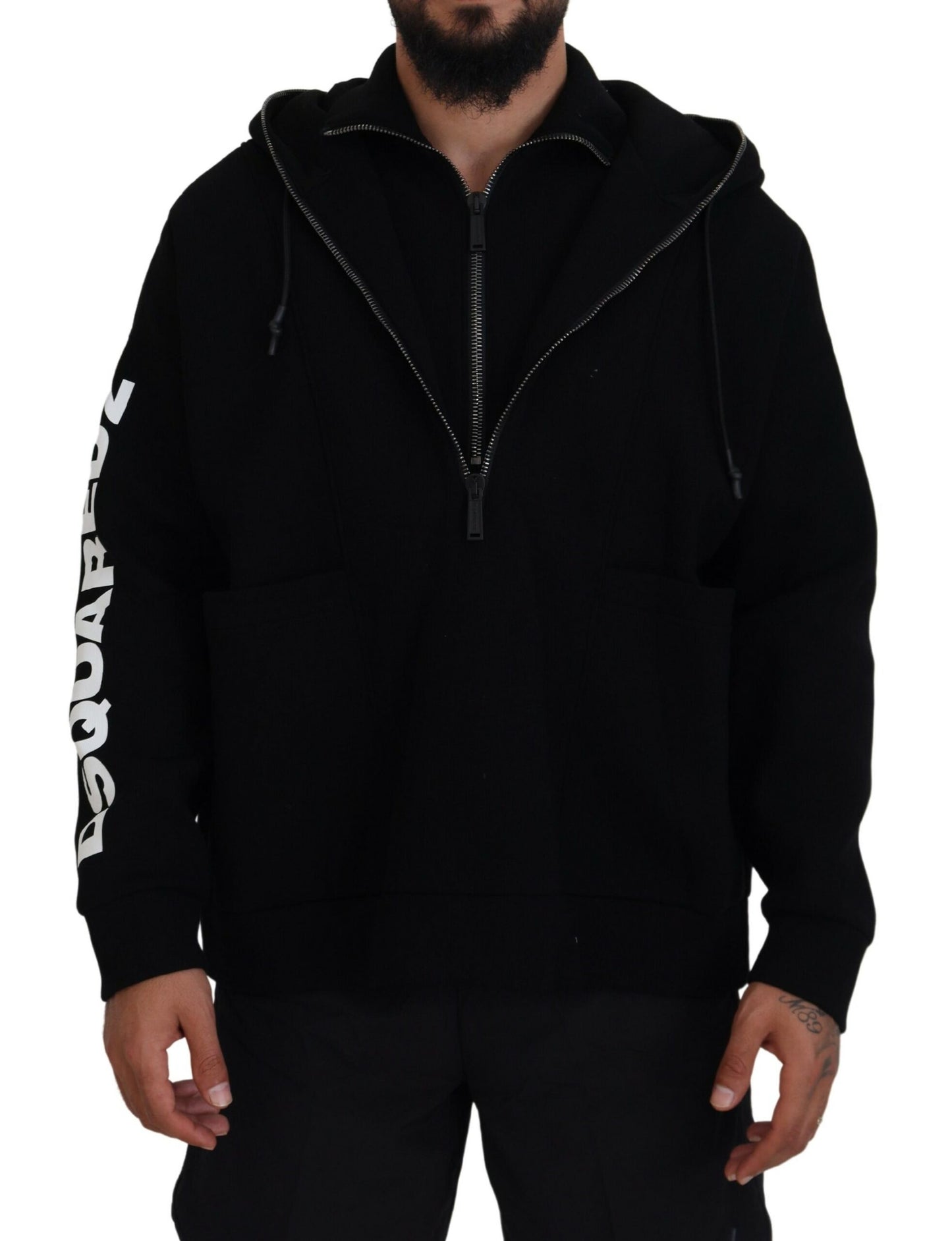 Dsquared² Black Hooded Printed Sleeves Double Zip Sweater IT48 | M