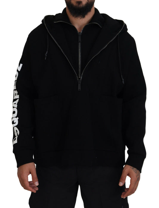 Dsquared² Black Hooded Printed Sleeves Double Zip Sweater IT48 | M