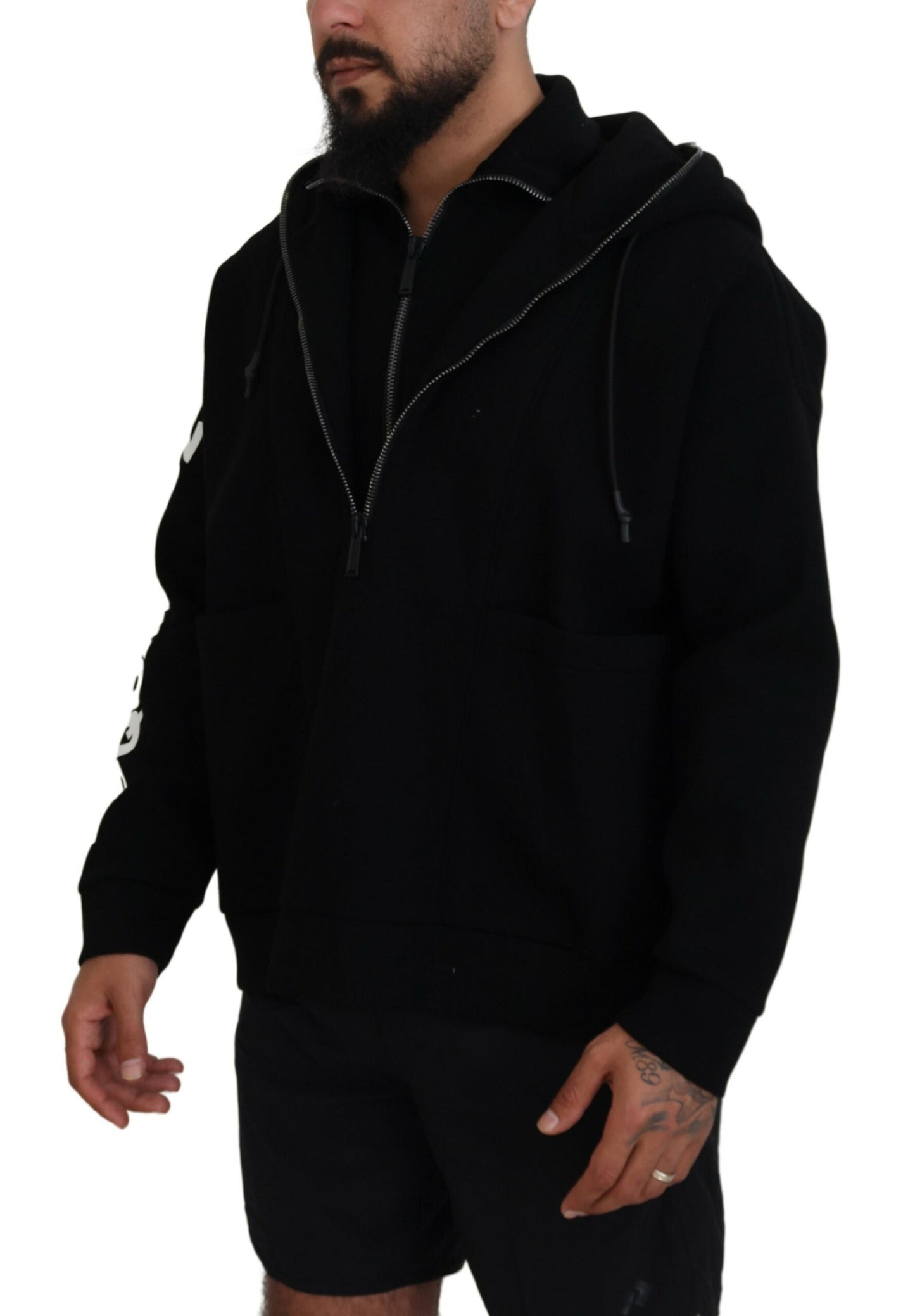 Dsquared² Black Hooded Printed Sleeves Double Zip Sweater IT48 | M