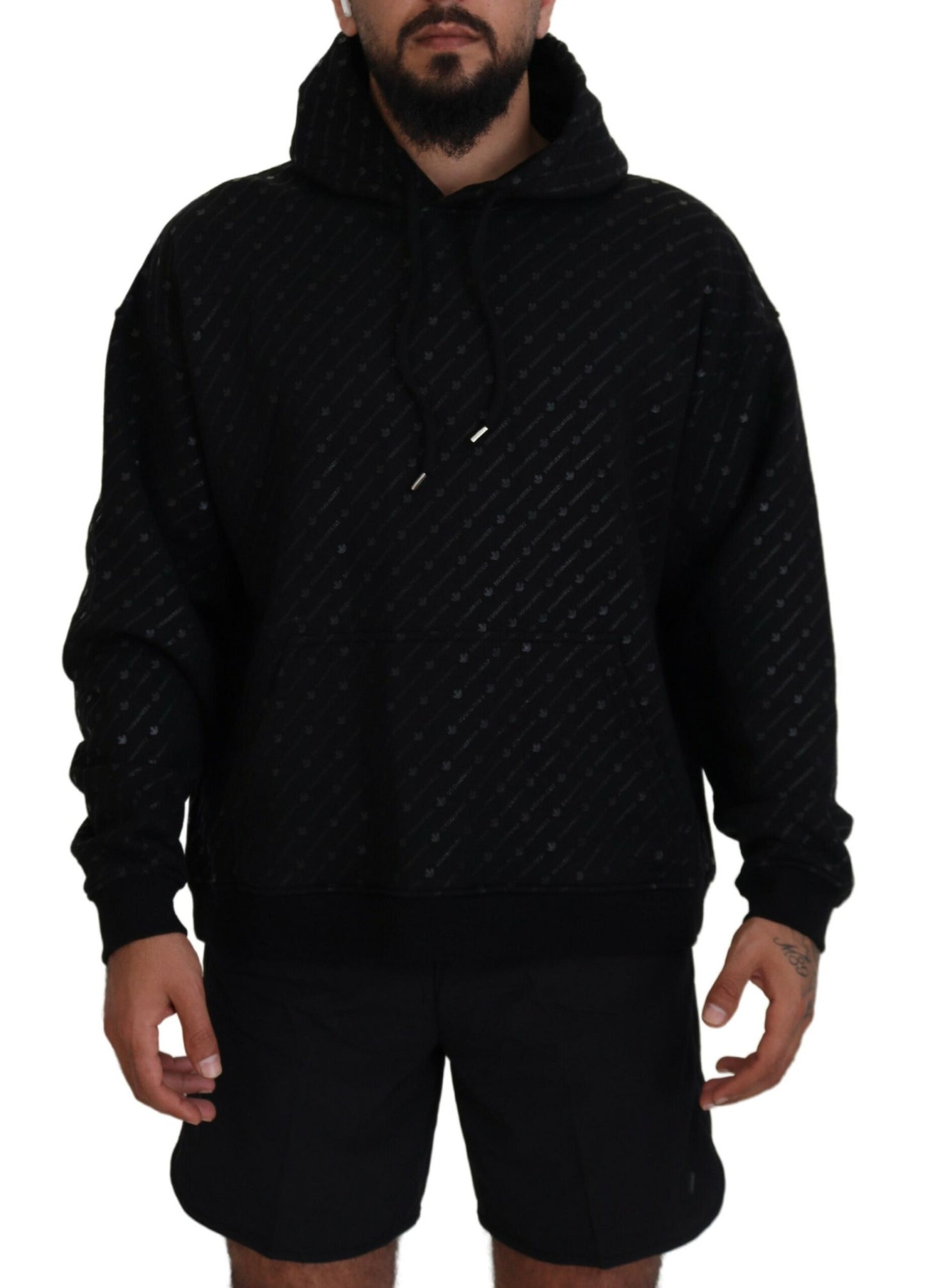 Dsquared² Black Cotton Hooded Printed Men Pullover Sweater IT48 | M