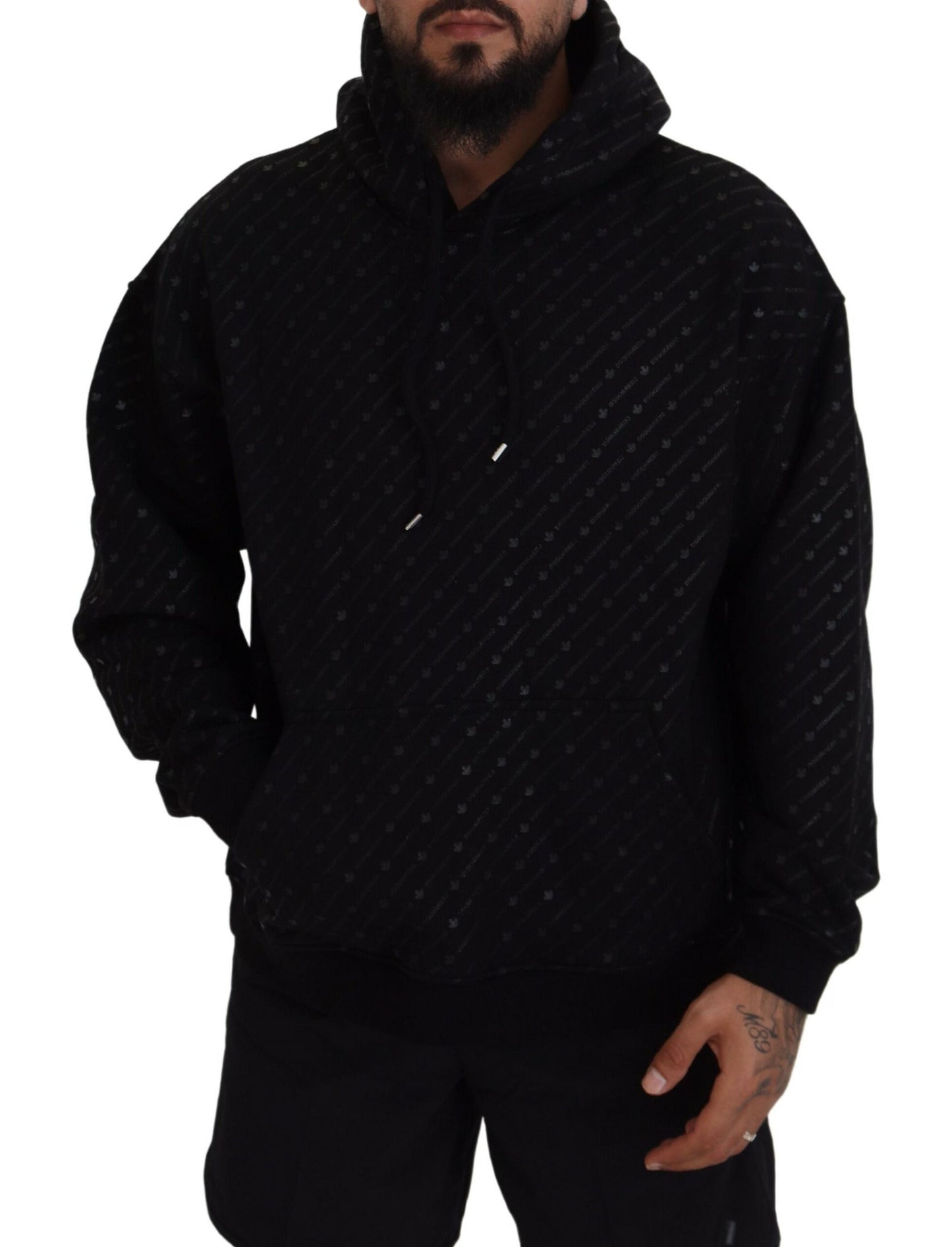 Dsquared² Black Cotton Hooded Printed Men Pullover Sweater IT48 | M