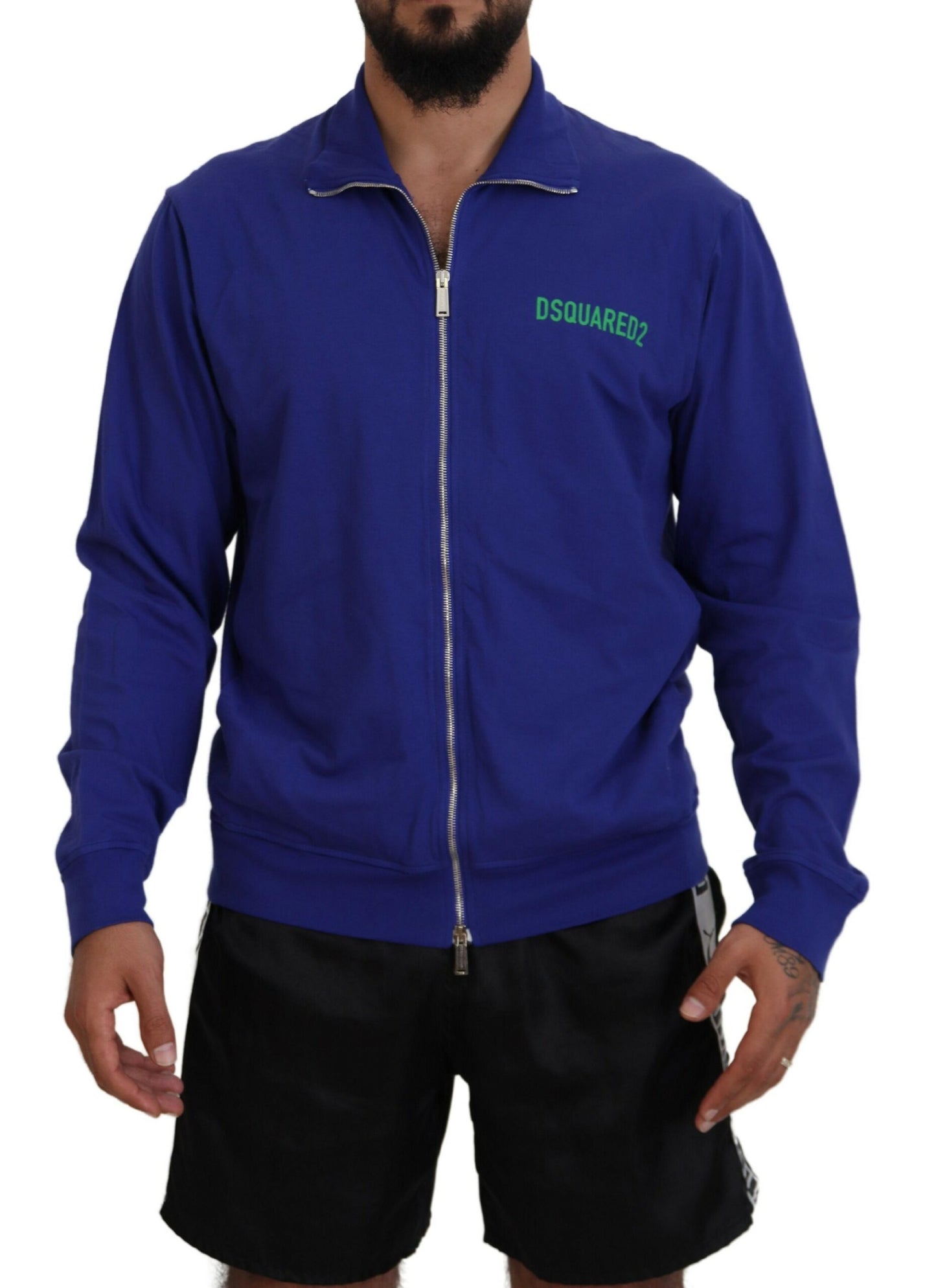 Dsquared² Blue Cotton Printed Collared Men Full Zip Sweater IT48 | M