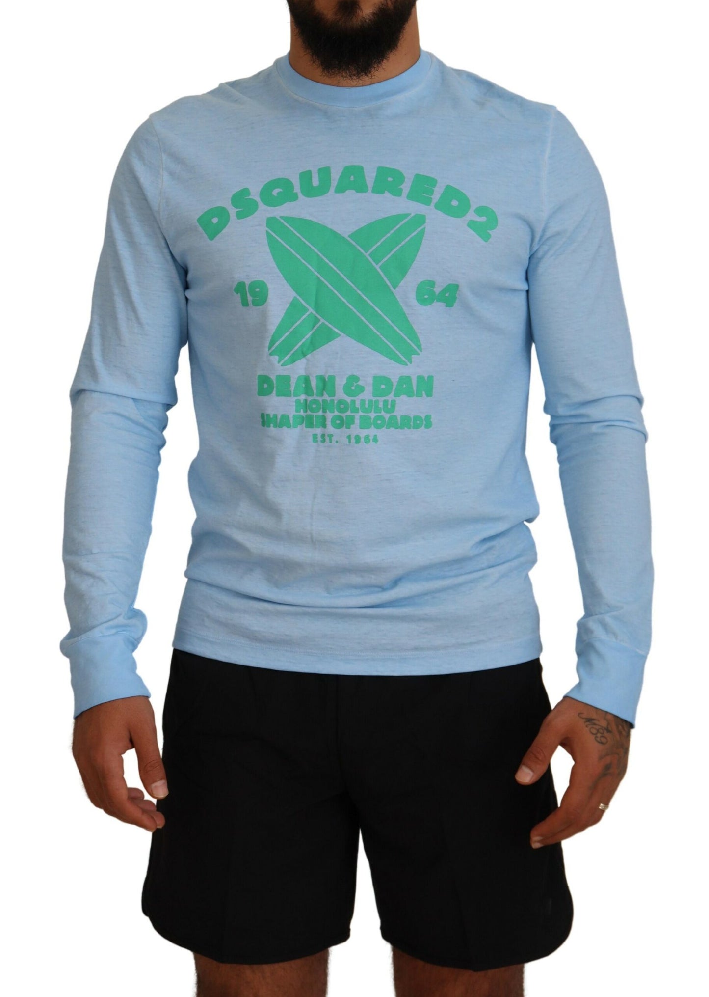 Dsquared² Light Blue Printed Long Sleeves Men Sweater IT48 | M