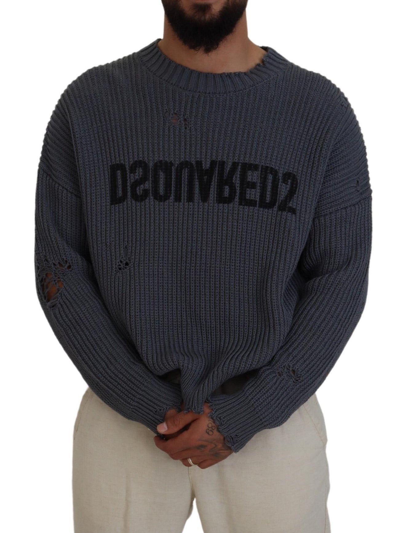 Dsquared² Gray Men Tattered Knitted Pullover Sweater IT48 | M