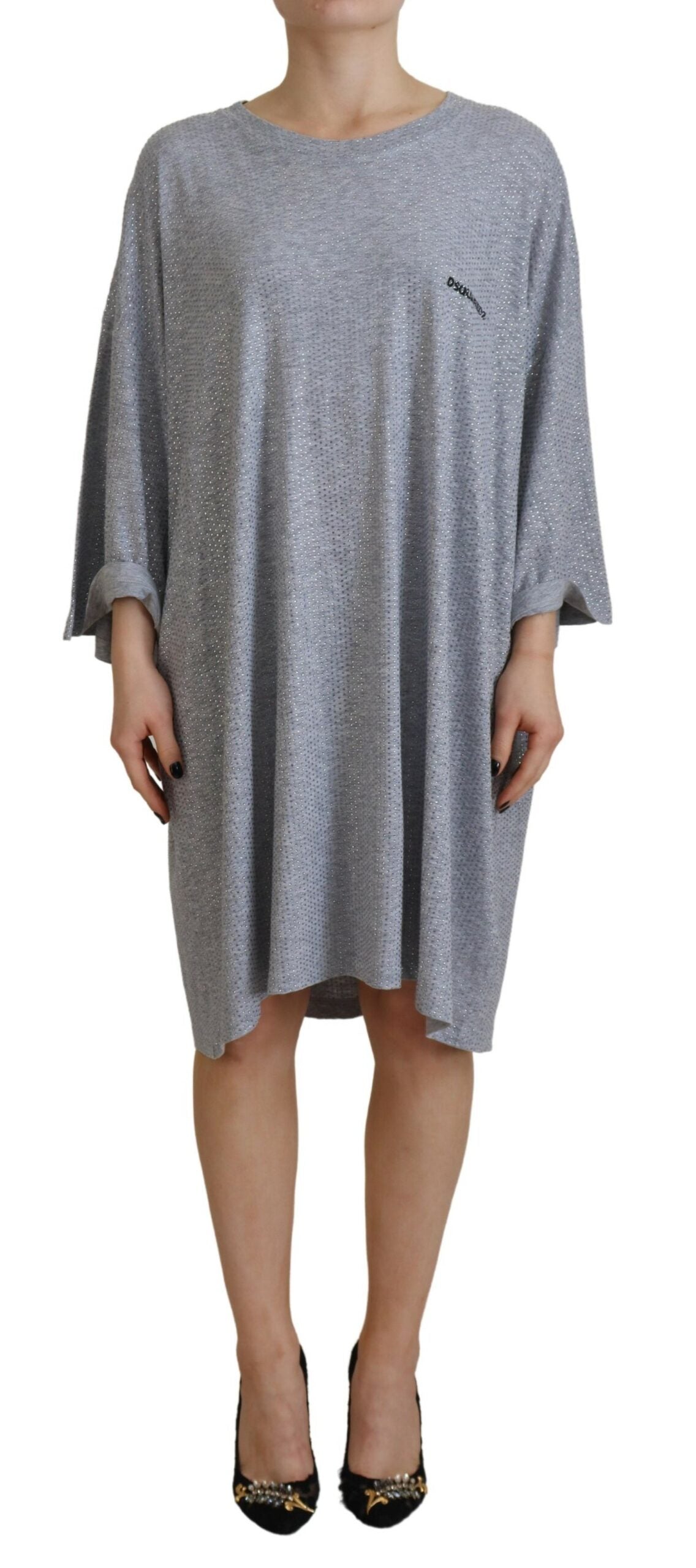 Dsquared² Gray Crystal Embellished Cotton Long Sleeves Dress IT38 | XS