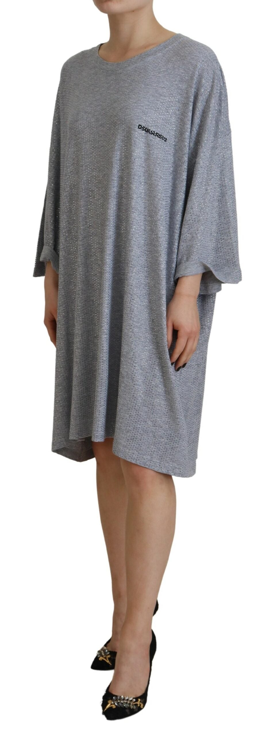 Dsquared² Gray Crystal Embellished Cotton Long Sleeves Dress IT38 | XS