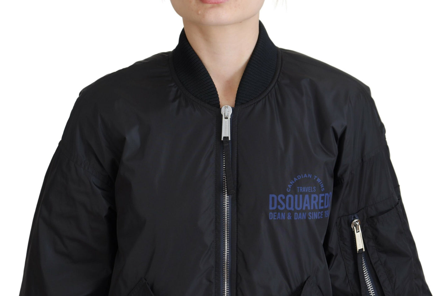 Dsquared² Black Logo Print Full Zip Women Bomber Jacket IT38 | XS