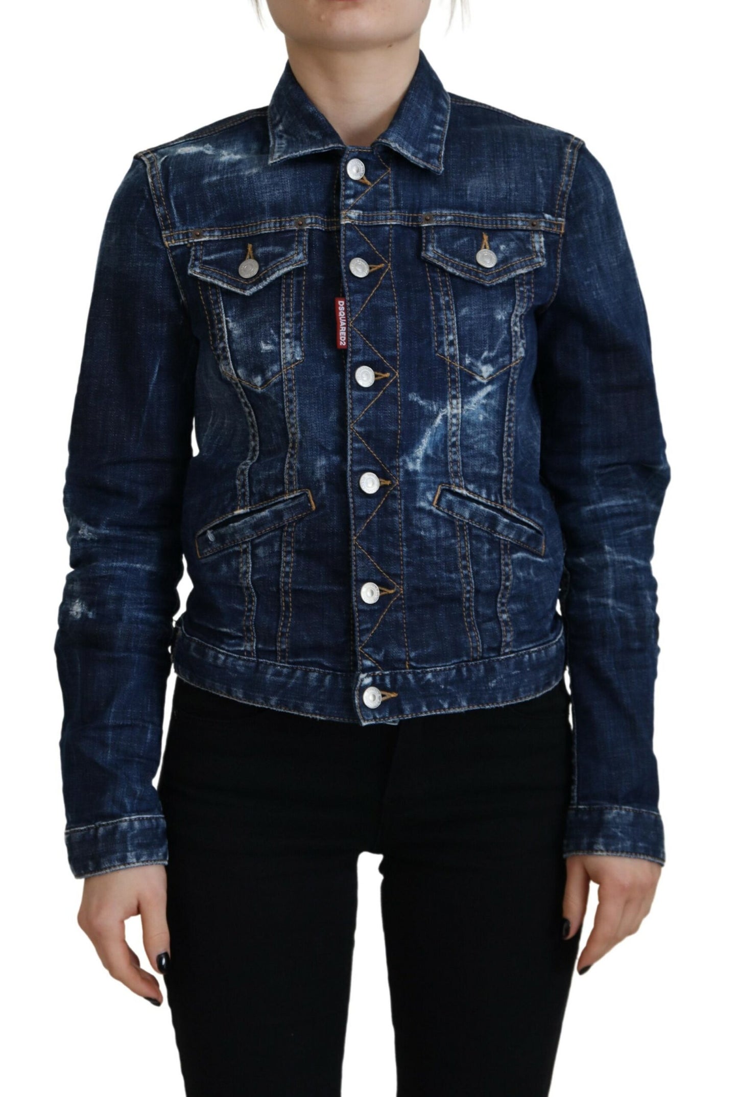 Dsquared² Blue Icon Printed Distressed Denim Jacket IT38 | XS