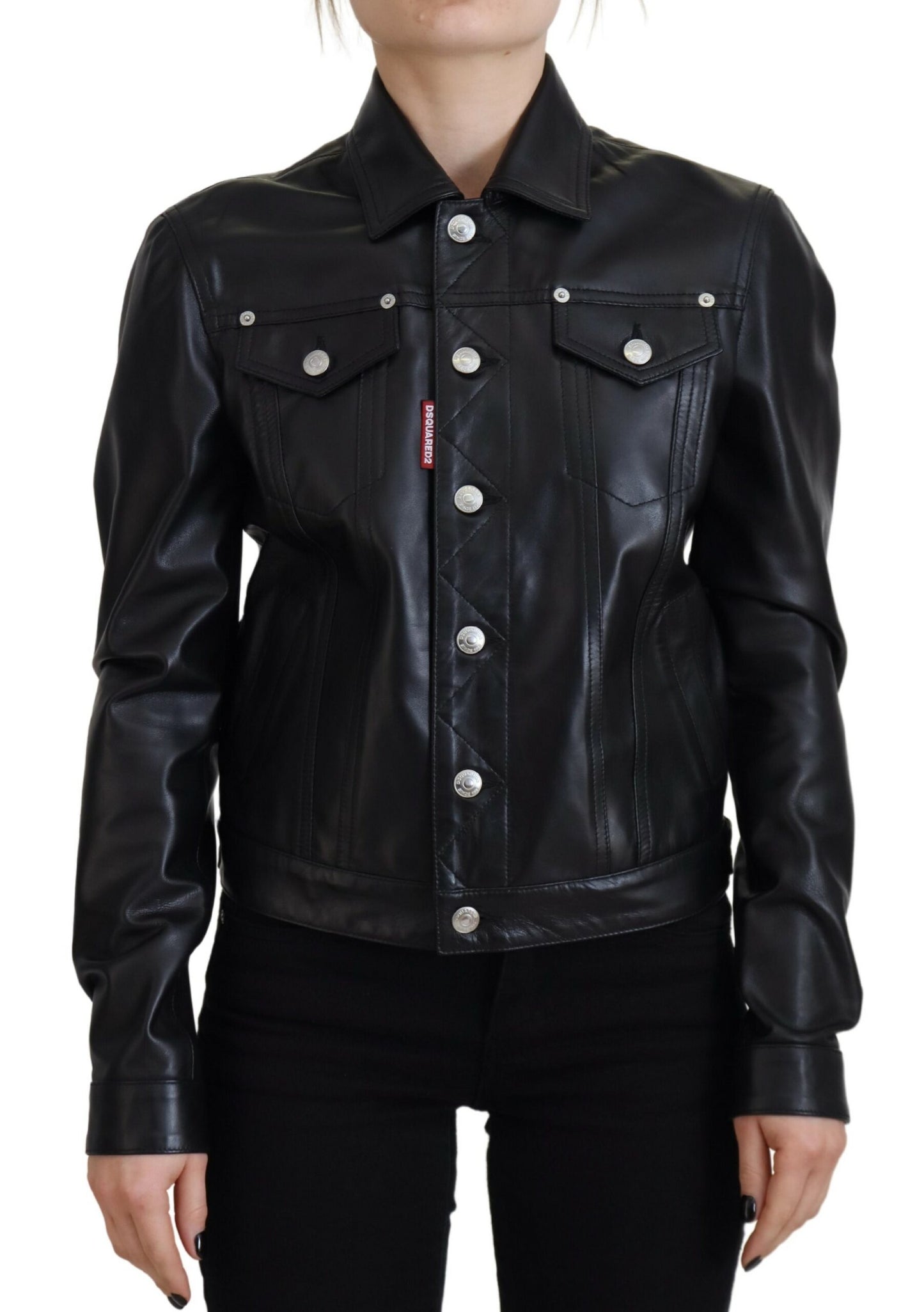 Dsquared² Black Leather Collared Long Sleeves Jacket IT38 | XS