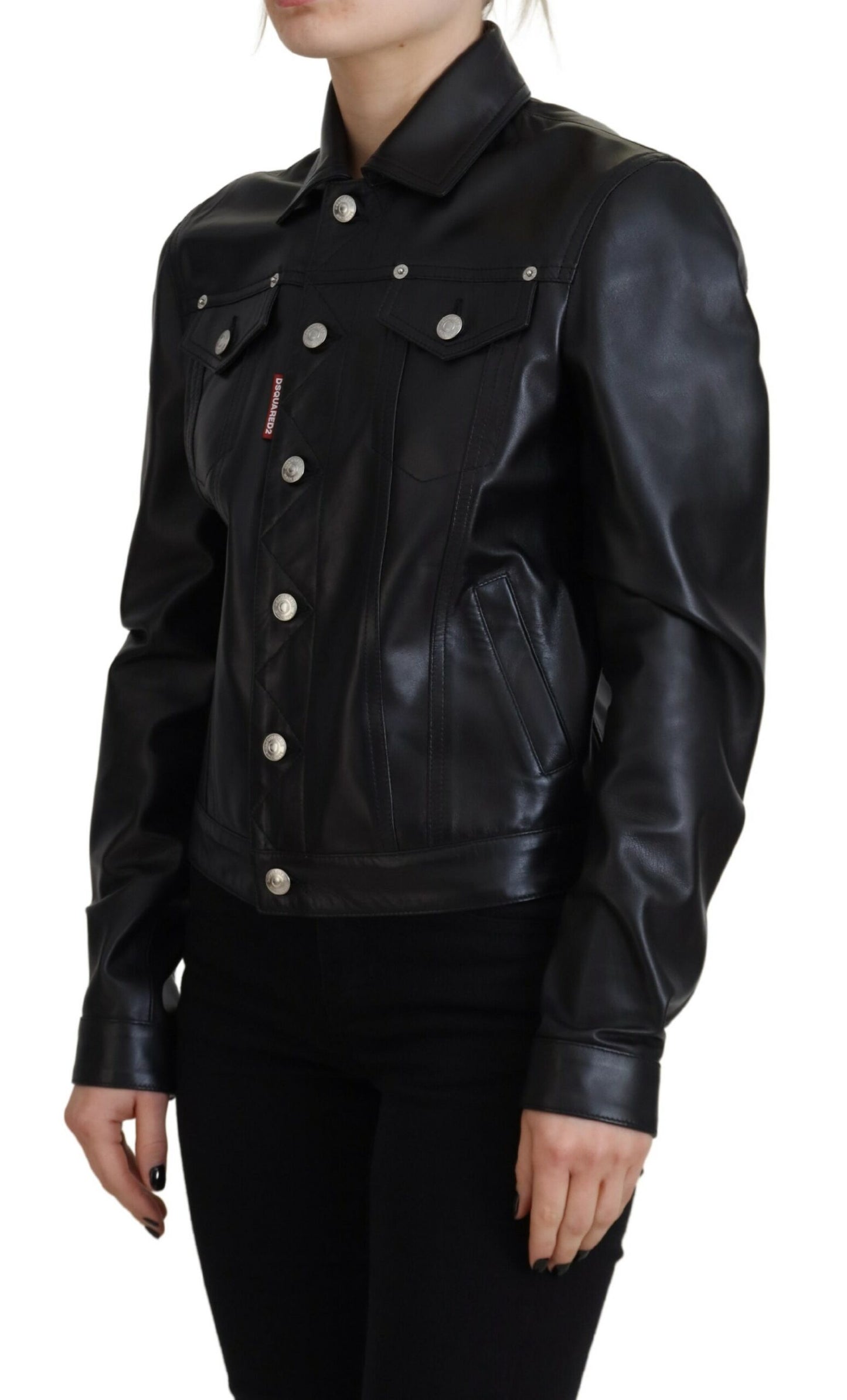 Dsquared² Black Leather Collared Long Sleeves Jacket IT38 | XS