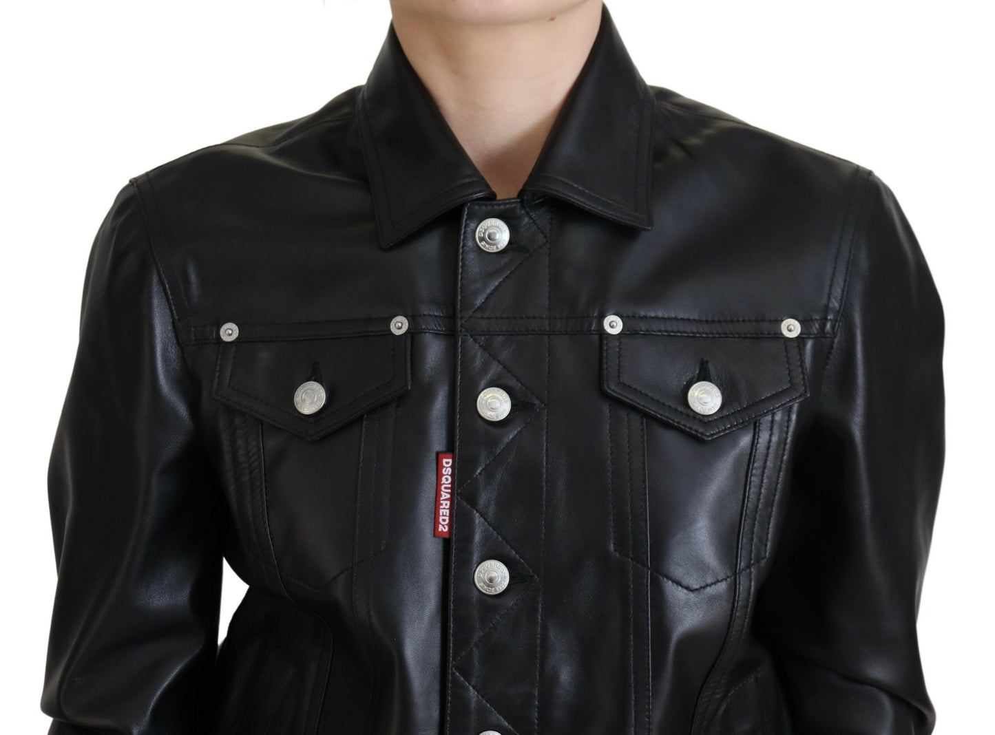 Dsquared² Black Leather Collared Long Sleeves Jacket IT38 | XS