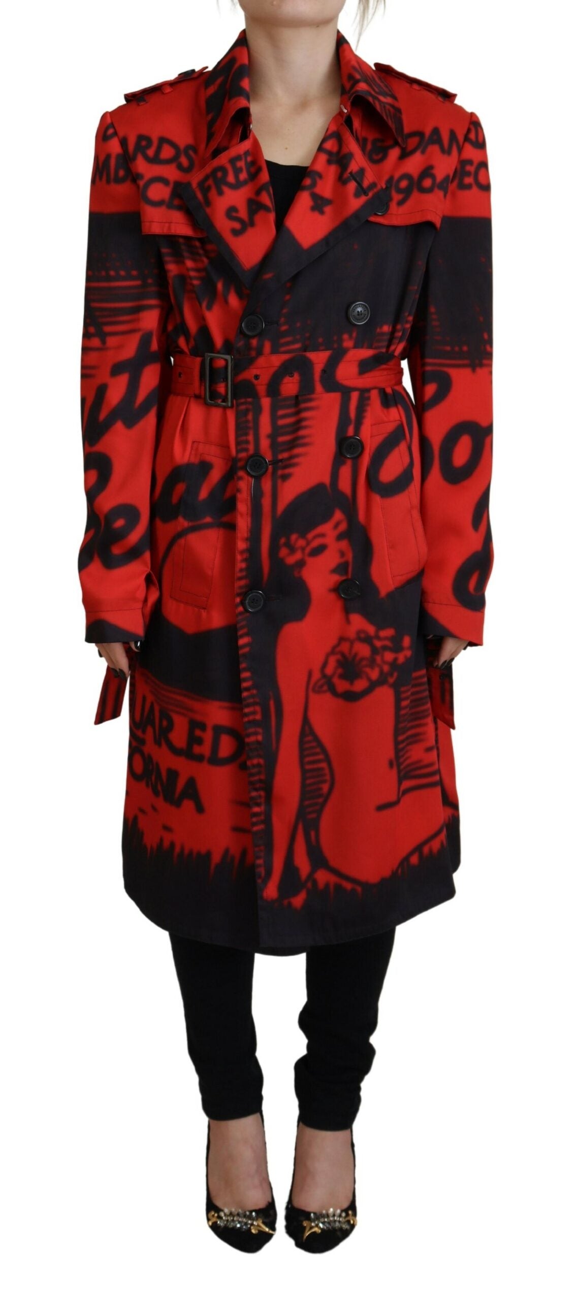 Dsquared² Red Printed Button Collared Desigual Coat Jacket IT38 | XS