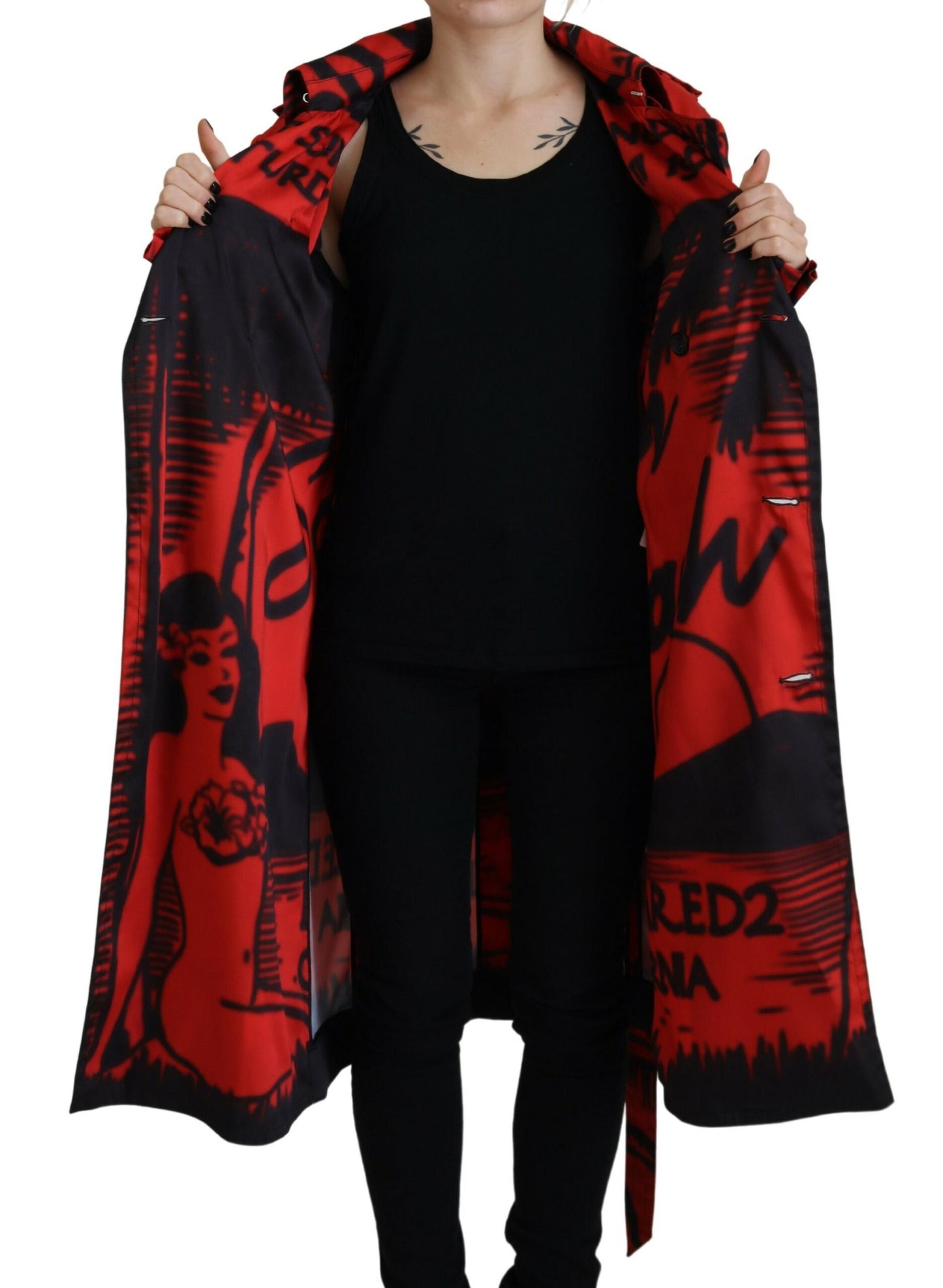 Dsquared² Red Printed Button Collared Desigual Coat Jacket IT38 | XS