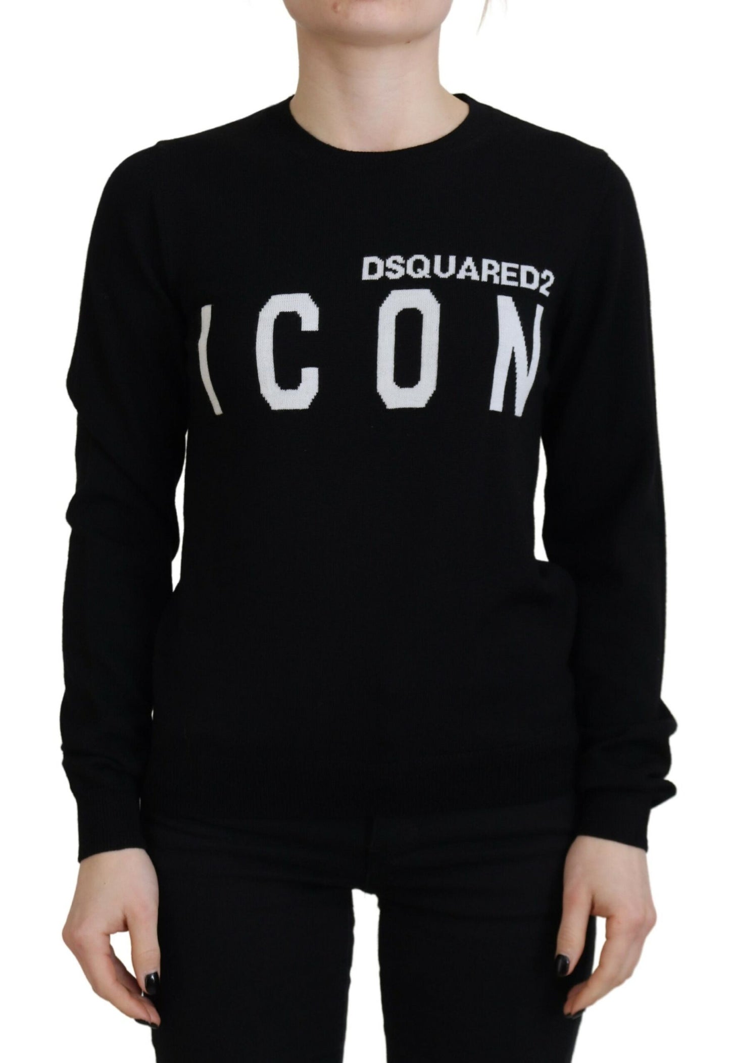 Dsquared² Black Virgin Wool Logo Print Long Sleeves Sweater IT38 | XS