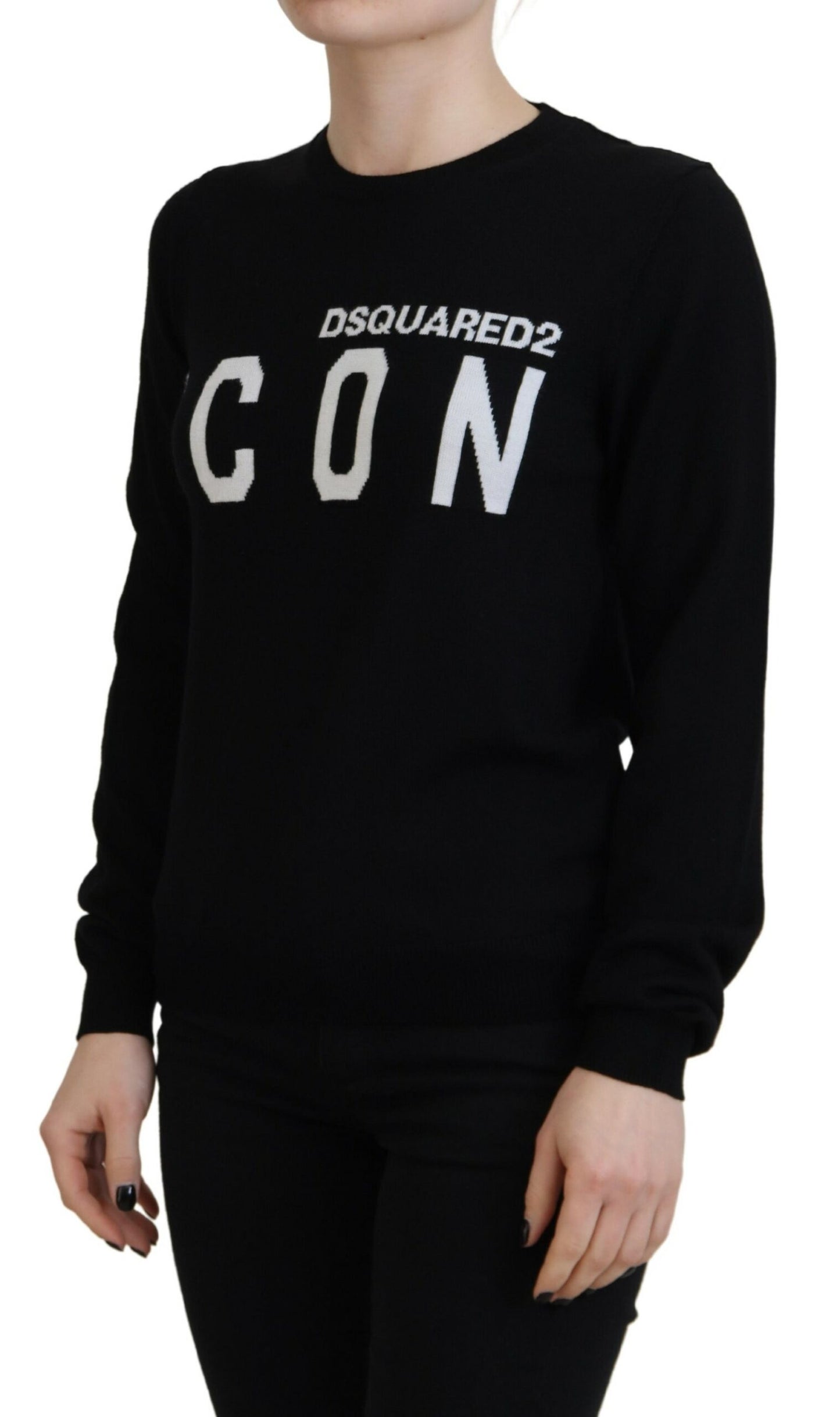 Dsquared² Black Virgin Wool Logo Print Long Sleeves Sweater IT38 | XS