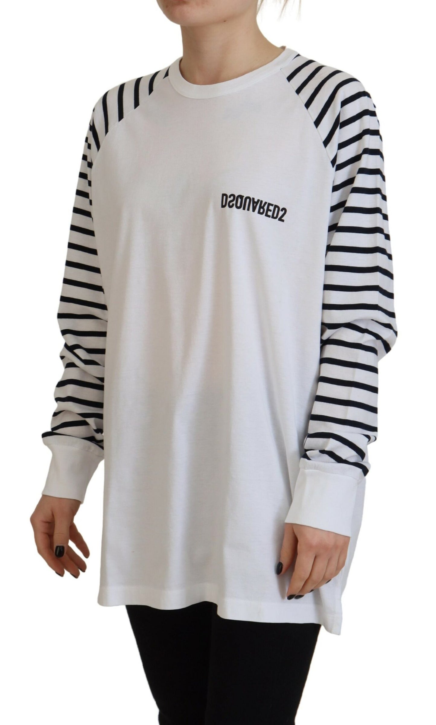 Dsquared² White Cotton Striped Crew Neck Short Sleeve Sweater IT38 | XS