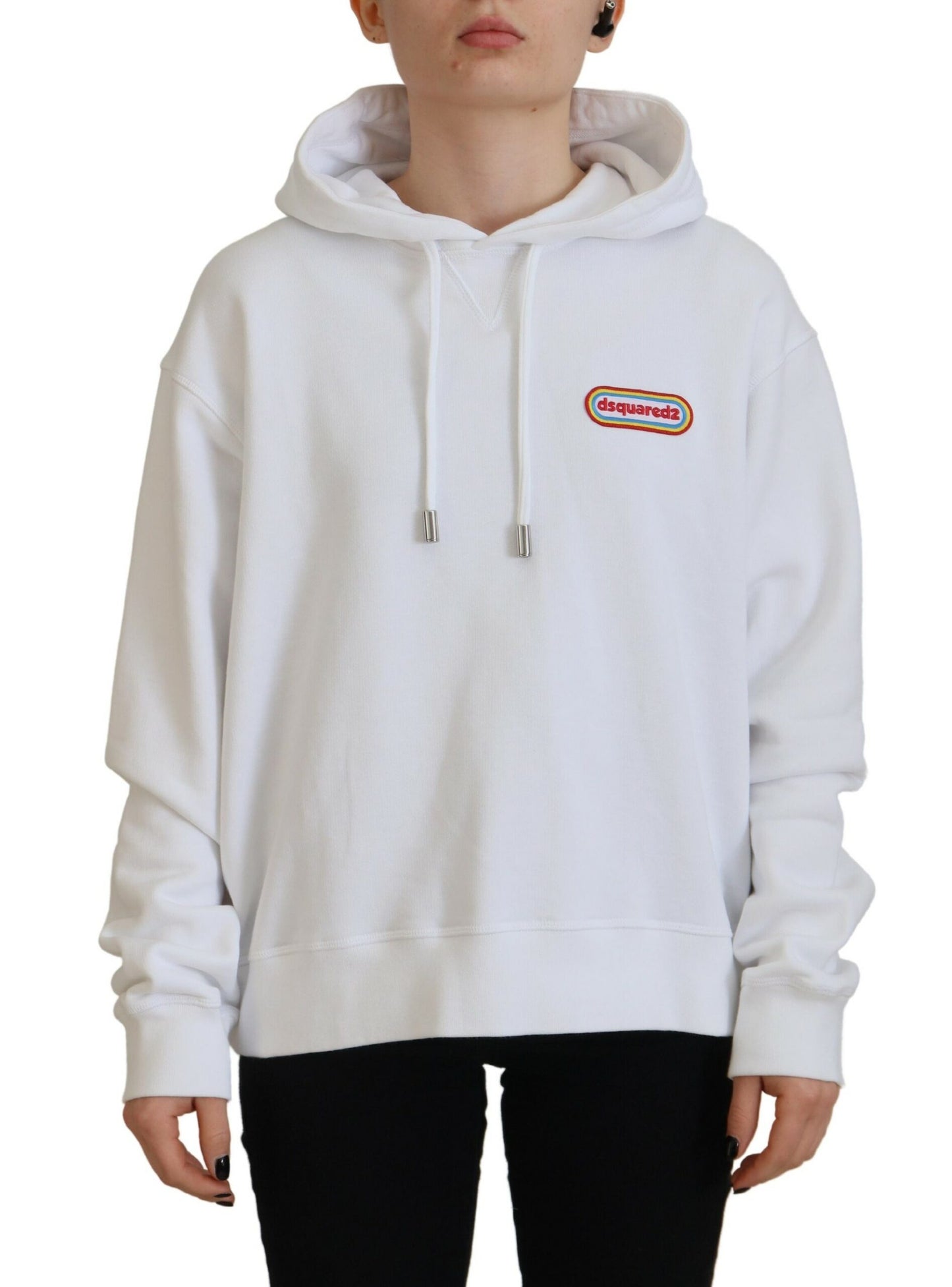 Dsquared² White Logo Patch Cotton Hoodie Sweatshirt Sweater IT38 | XS