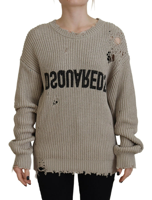 Dsquared² Beige Cotton Knitted Crewneck Pullover Sweater IT38 | XS