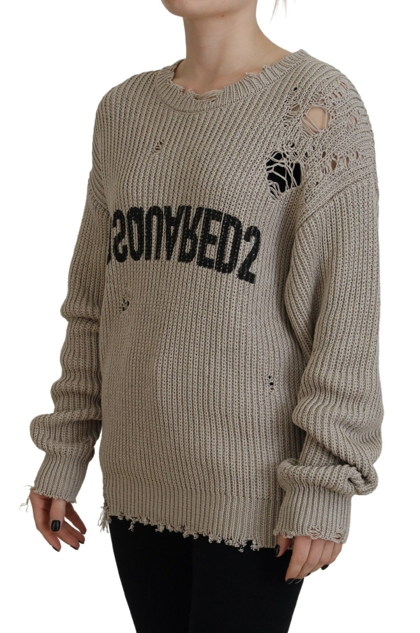 Dsquared² Beige Cotton Knitted Crewneck Pullover Sweater IT38 | XS