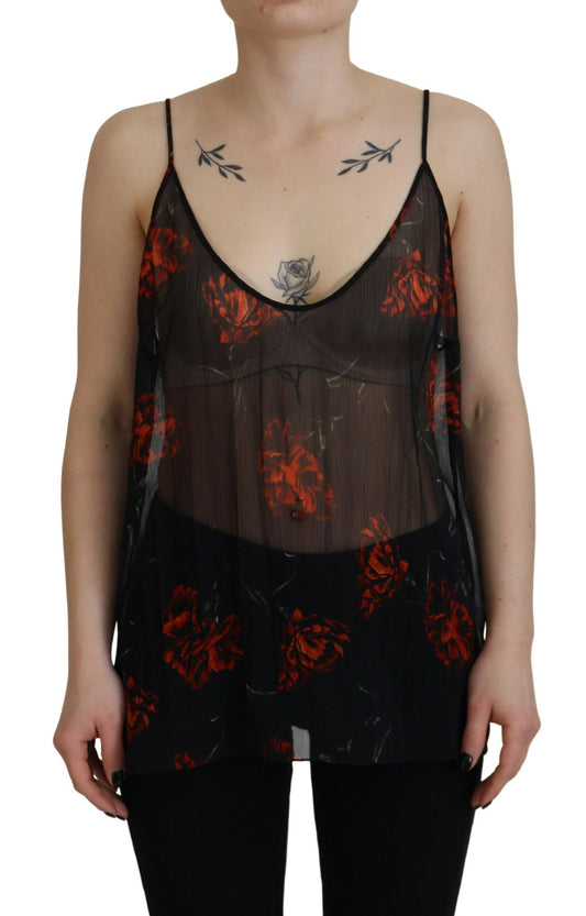 Dsquared² Black Floral Print Spaghetti Strap Tank Blouse Top IT38 | XS