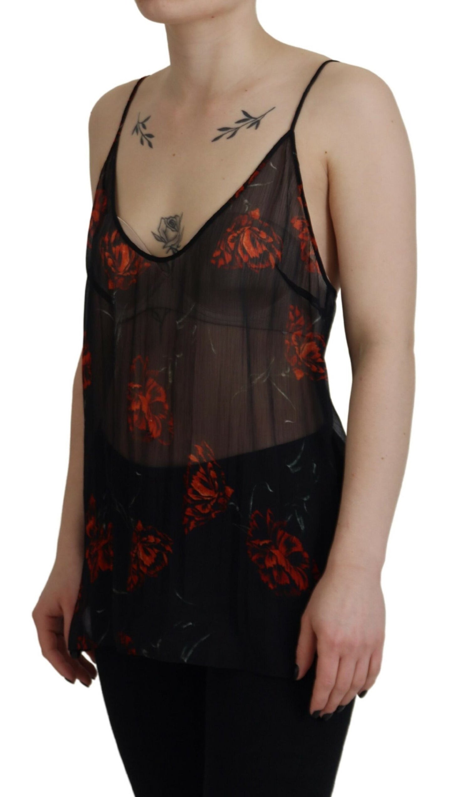 Dsquared² Black Floral Print Spaghetti Strap Tank Blouse Top IT38 | XS