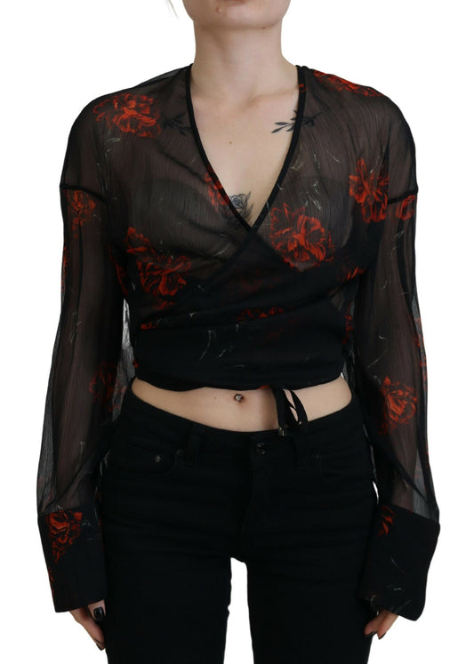 Dsquared² Black Floral Print Cropped Wrap Long Sleeves Top IT38 | XS