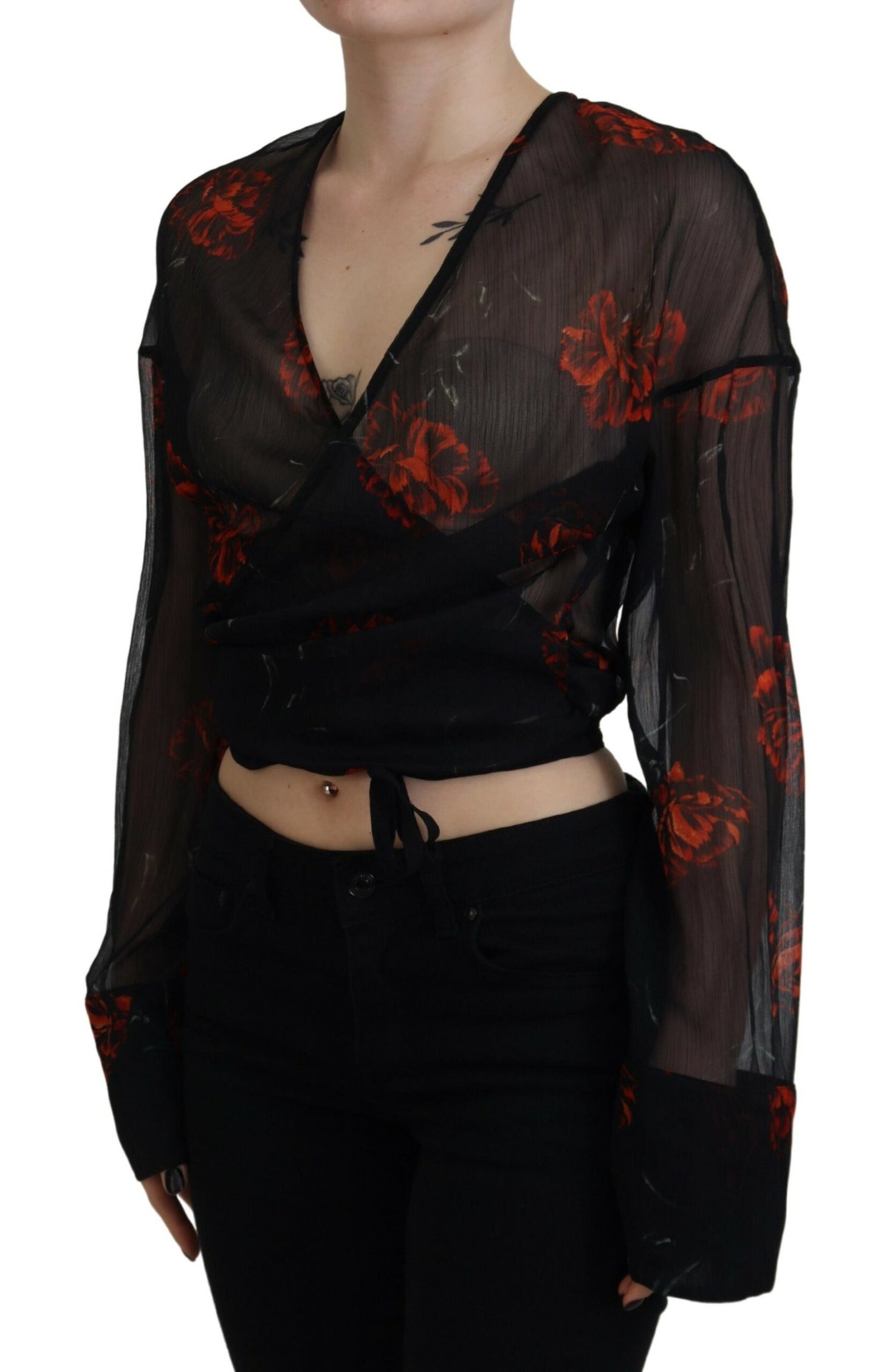 Dsquared² Black Floral Print Cropped Wrap Long Sleeves Top IT38 | XS