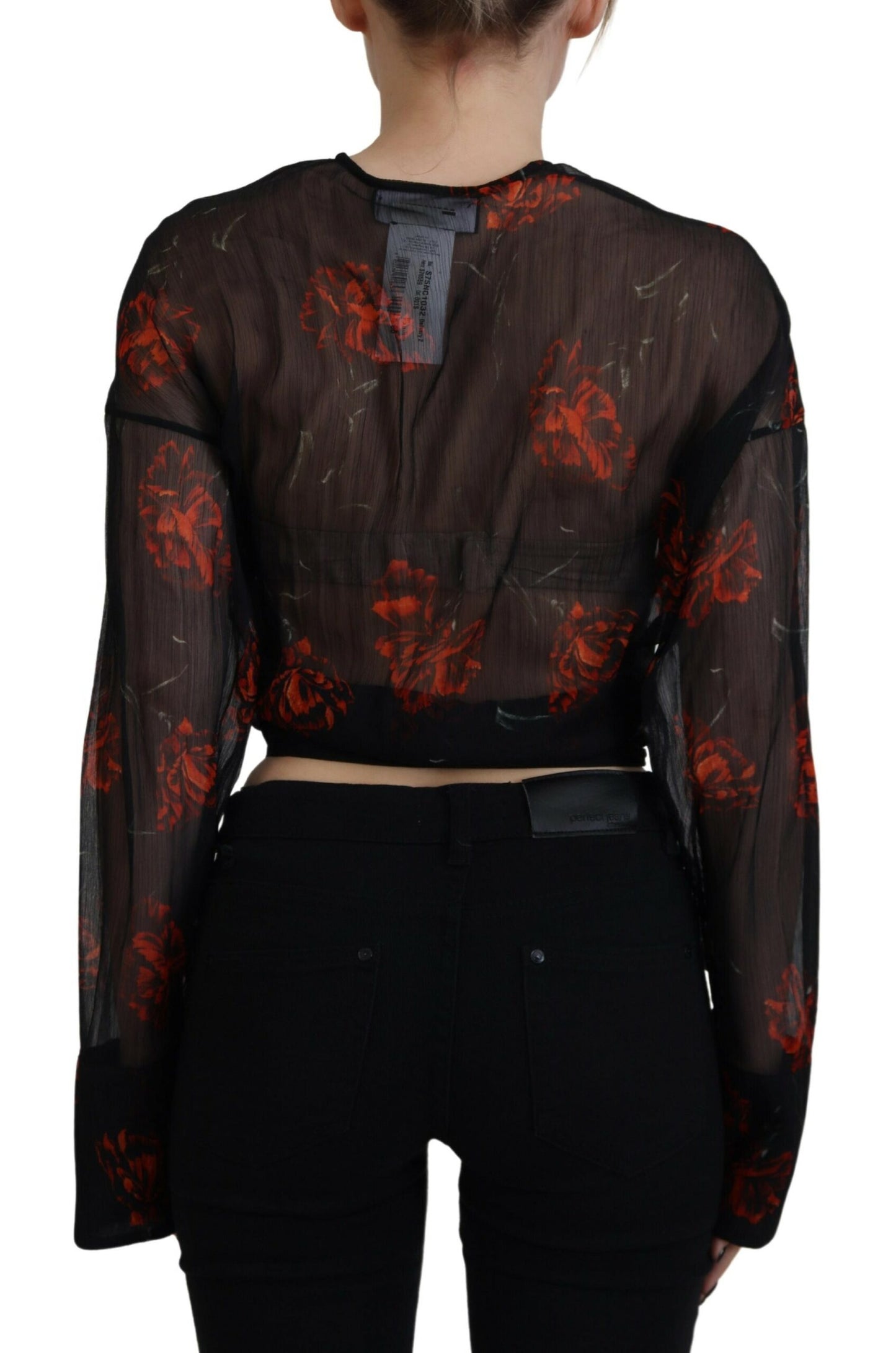 Dsquared² Black Floral Print Cropped Wrap Long Sleeves Top IT38 | XS