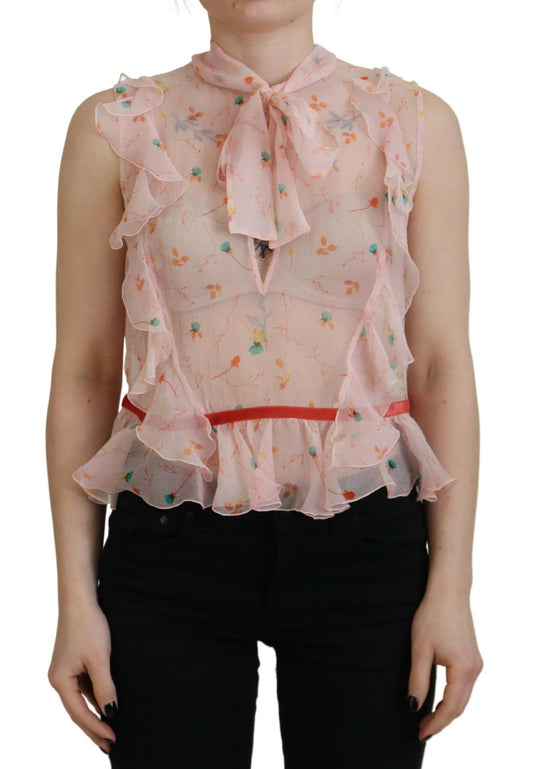 Dsquared² Pink Floral Print Silk Sleeveless Ascot Collar Top IT38 | XS