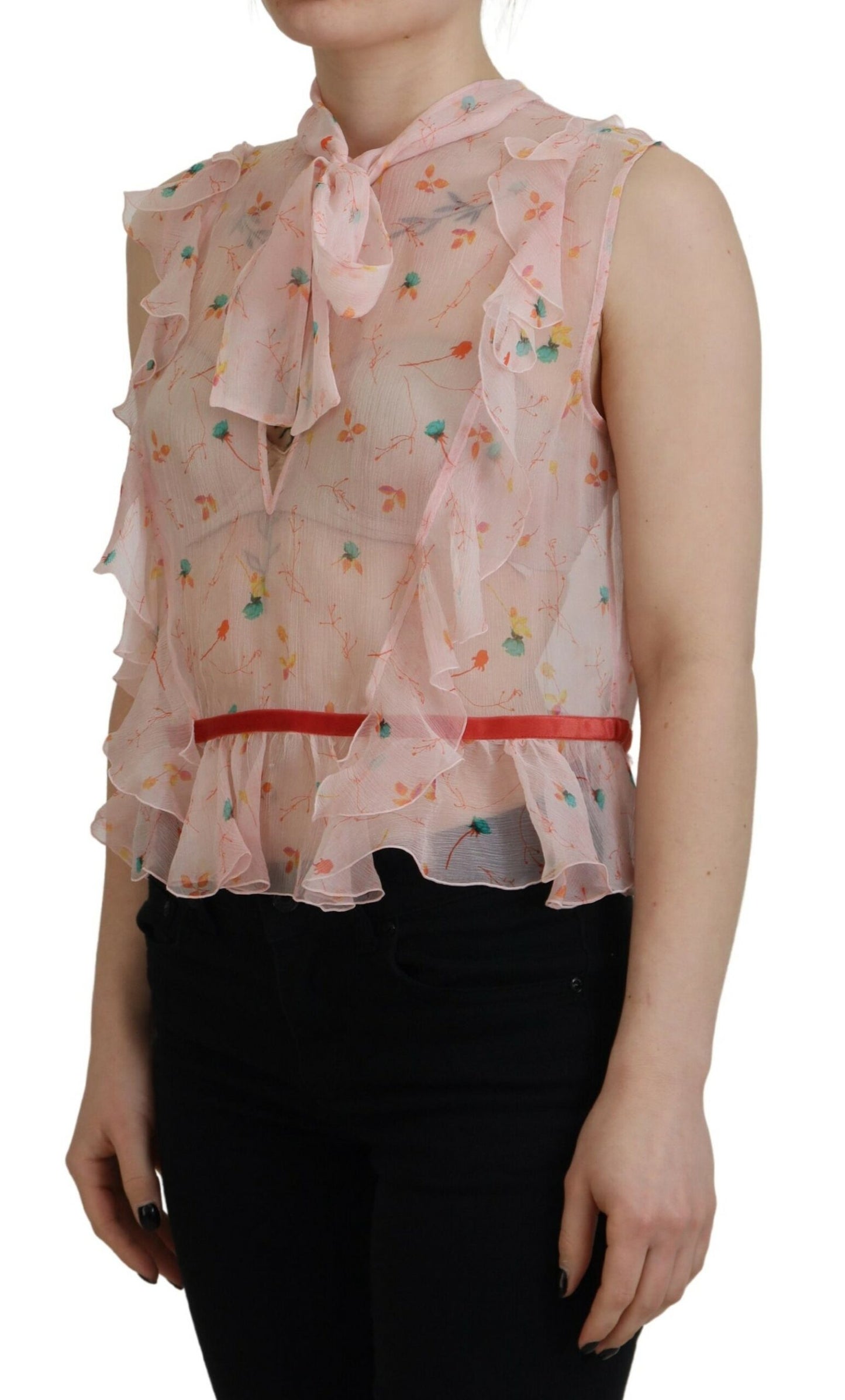 Dsquared² Pink Floral Print Silk Sleeveless Ascot Collar Top IT38 | XS